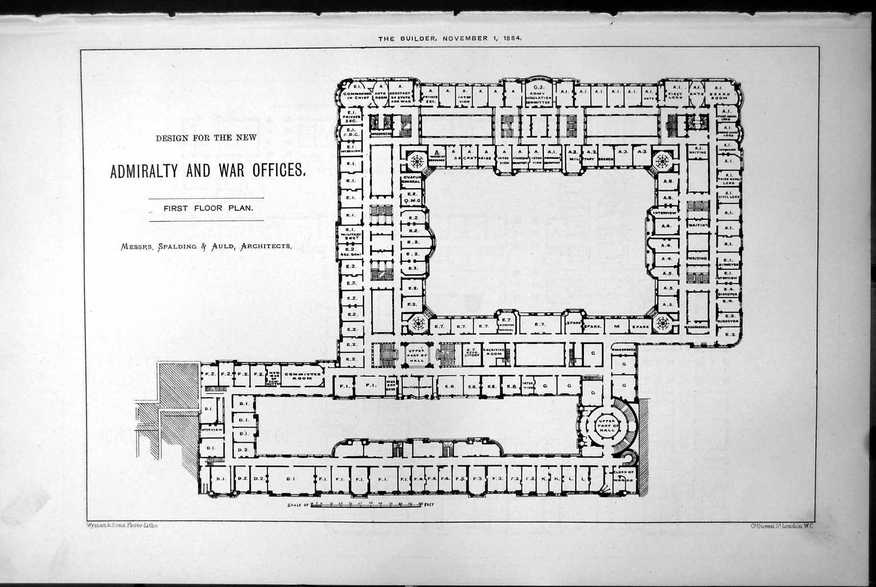 Old Design Admiralty War Offices First Floor Plan Spalding & Auld 1884 19th