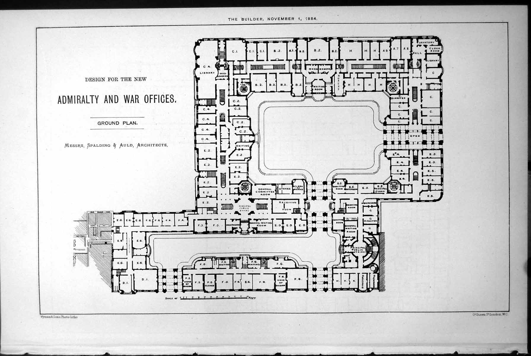 Antique Print Design Admiralty War Offices Ground Plan Spalding & Auld 1884