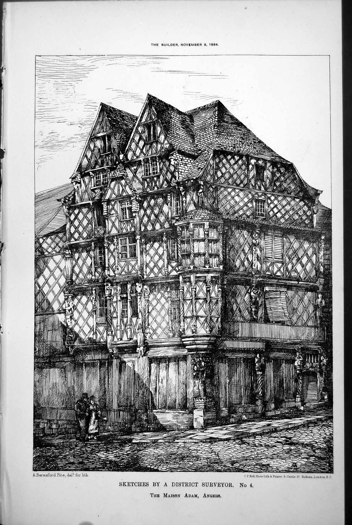Original Old Antique Print Sketches District Surveyor Maison Adam Angers 1884