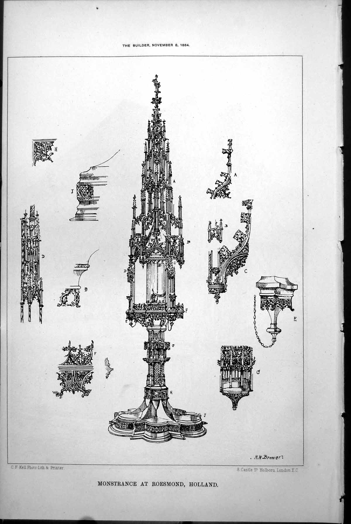 Original Old Antique Print Monstrance Roesmond Holland Detail Carvings 1884