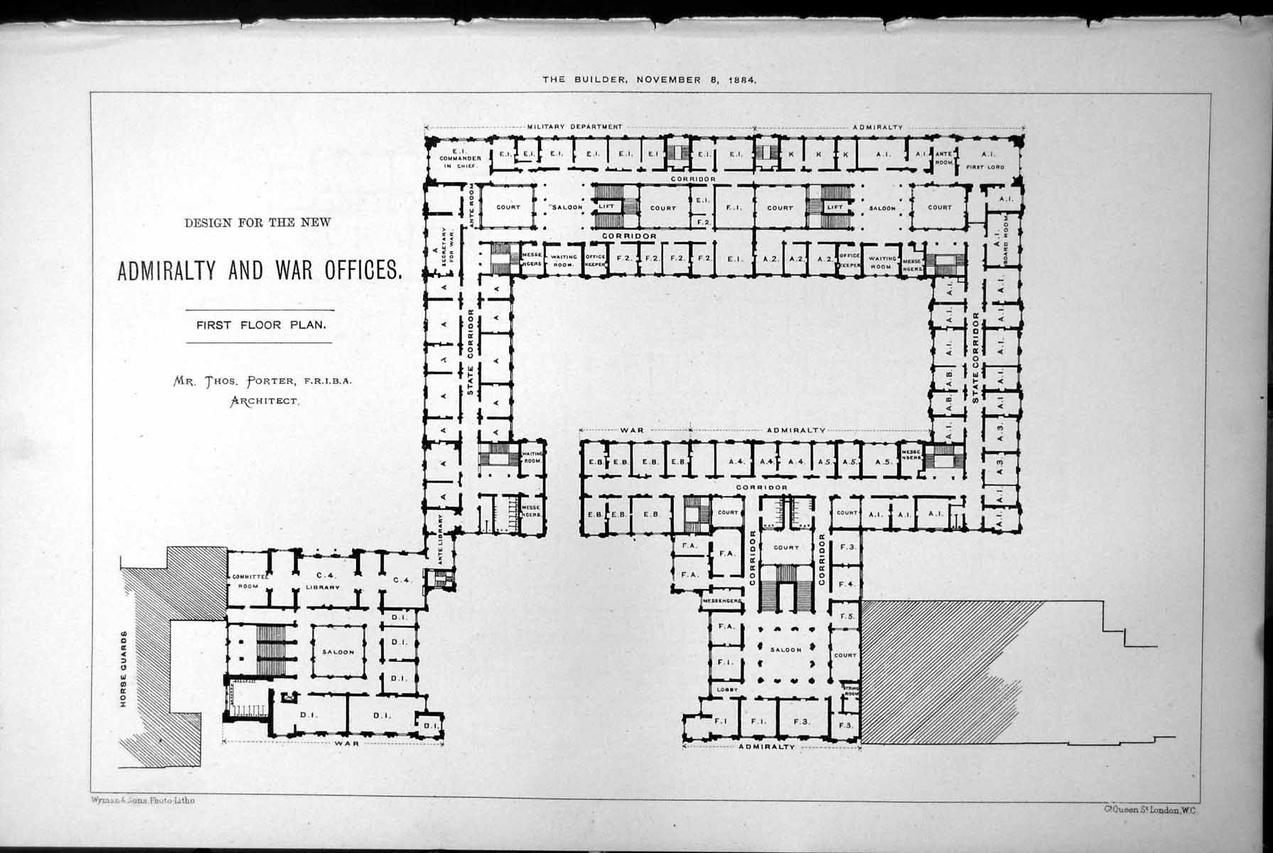 Old Print Design Admiralty War Offices First Floor Plan Thos Porter 1884 19th