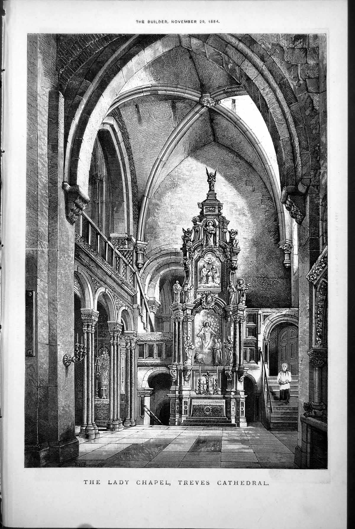 Original Old Antique Print Lady Chapel Treves Cathedral Altar 1884 Victorian