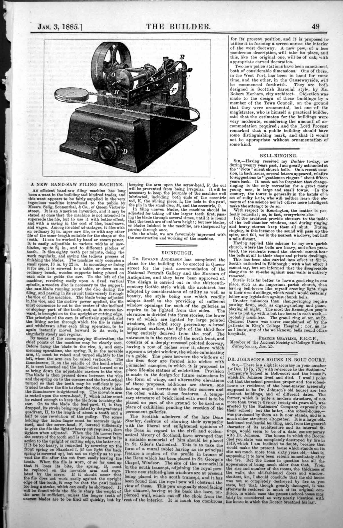 Original Old Antique Print New Band Saw Filing Machine Text Annotated 1885 19th