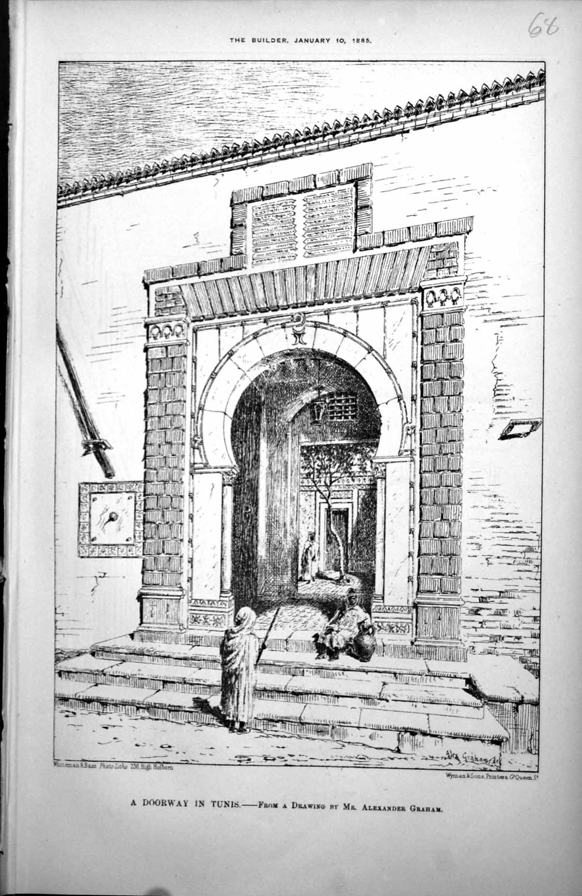 Old Antique Print Doorway In Tunis From Drawing Mr Alexander Graham 1885 19th