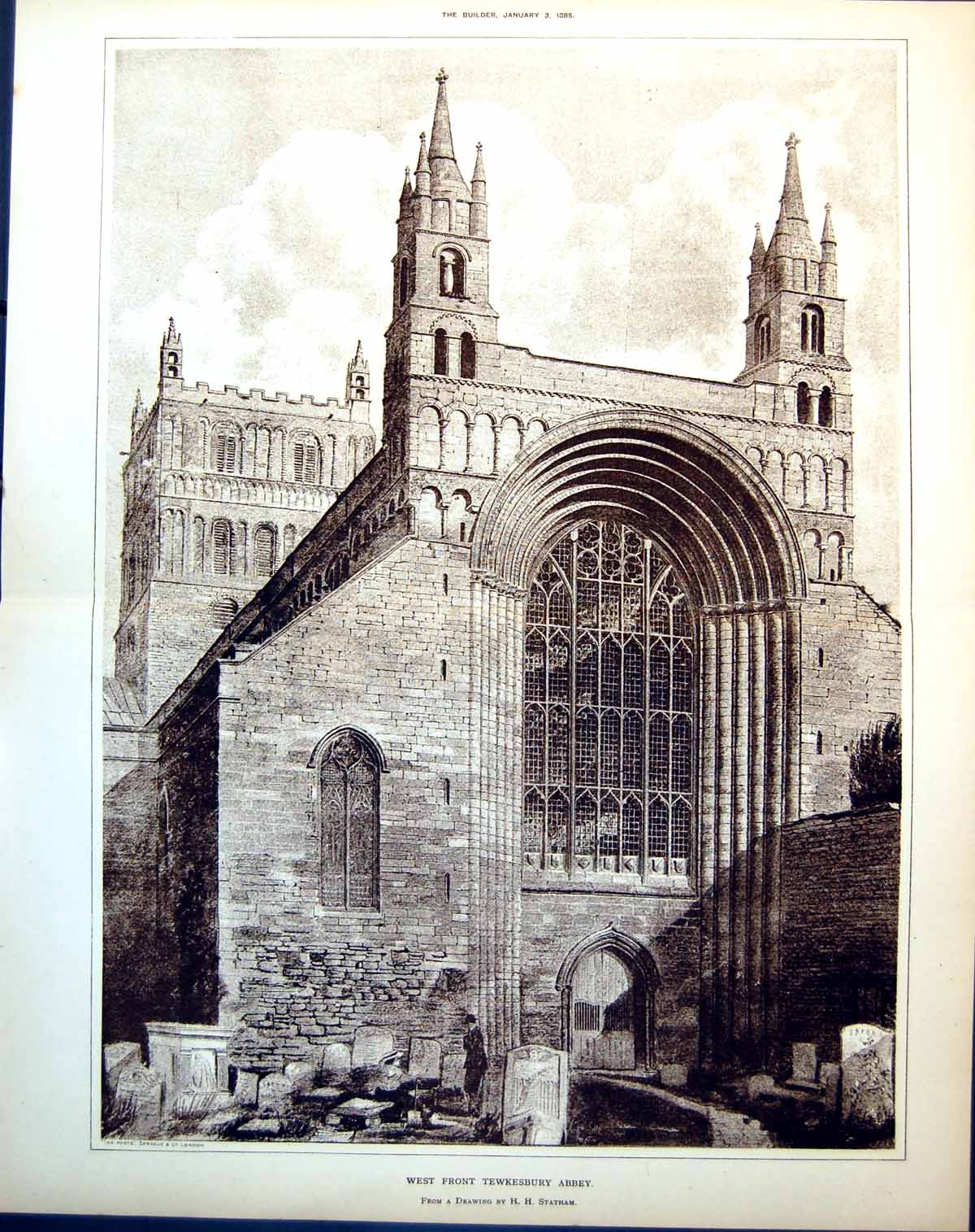 Antique Old Print West Front Tewkesbury Abbey From Drawing Hh Statham 1885
