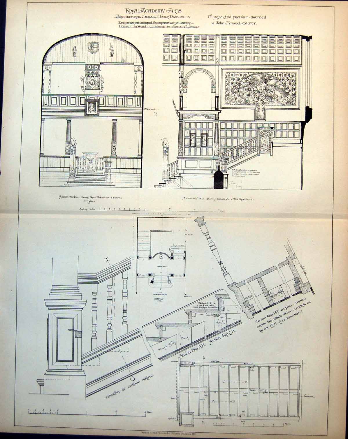 Antique Print Royal Academy Arts Architecture School Design Staircase 1885