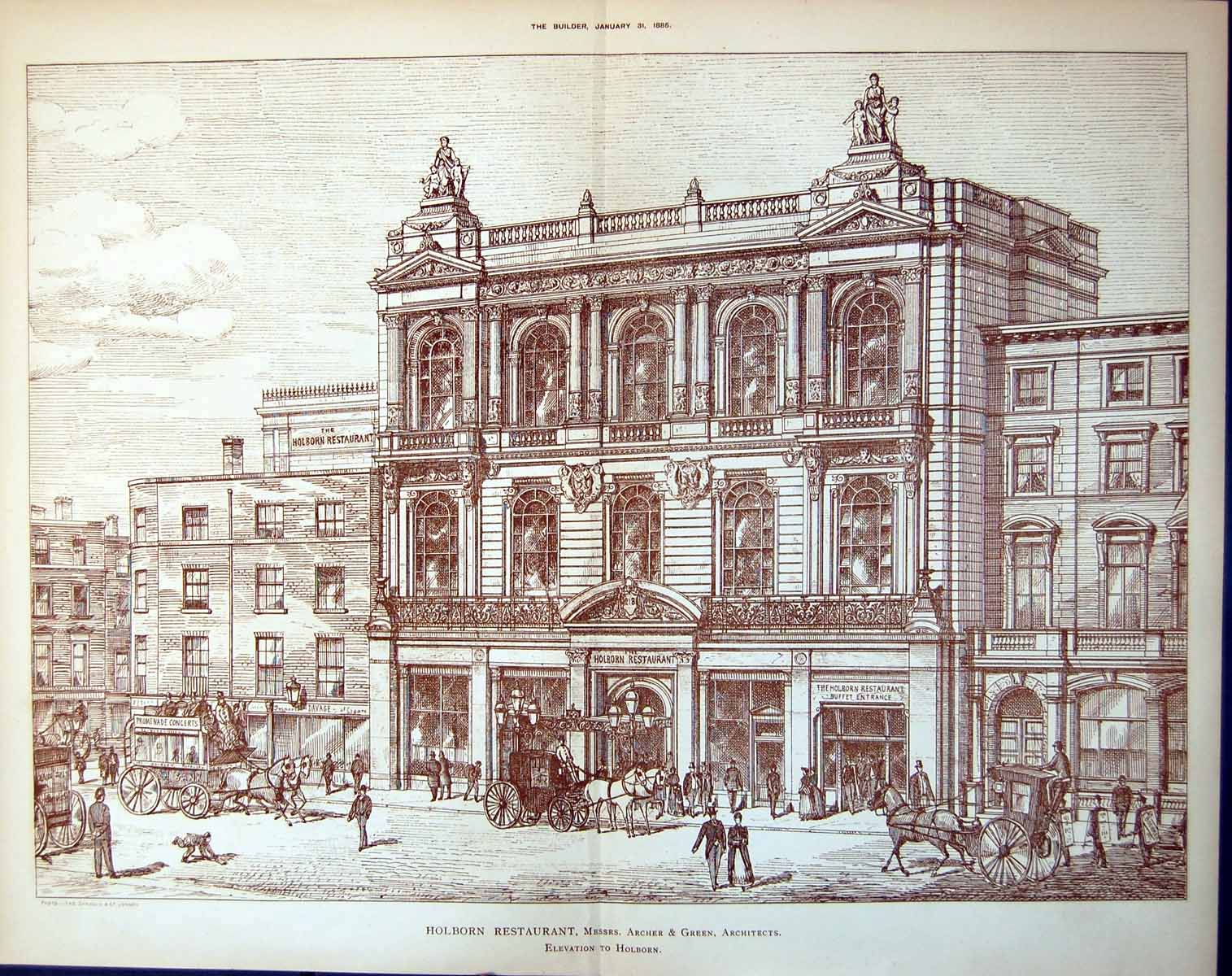 Old Print Holburn Restaurant Messrs Archer Green Arch'S. Elevation 1885 19th