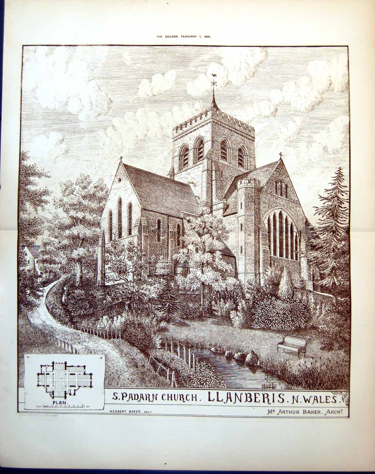 Old Print S. Padarn Church Llanberis N Wales Arthur Baker Architect 1885 19th