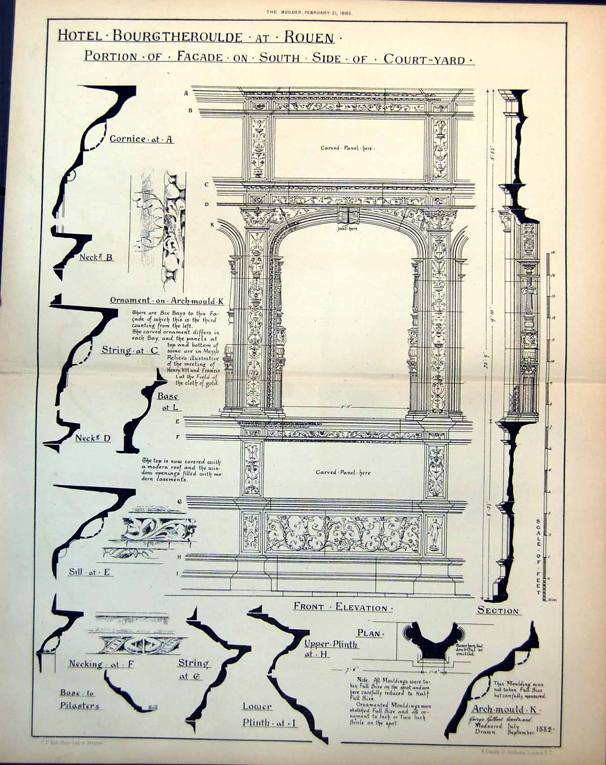Antique Old Print Hotel Bourgtheroulde Rouen Facade S Side Courtyard 1885 19th