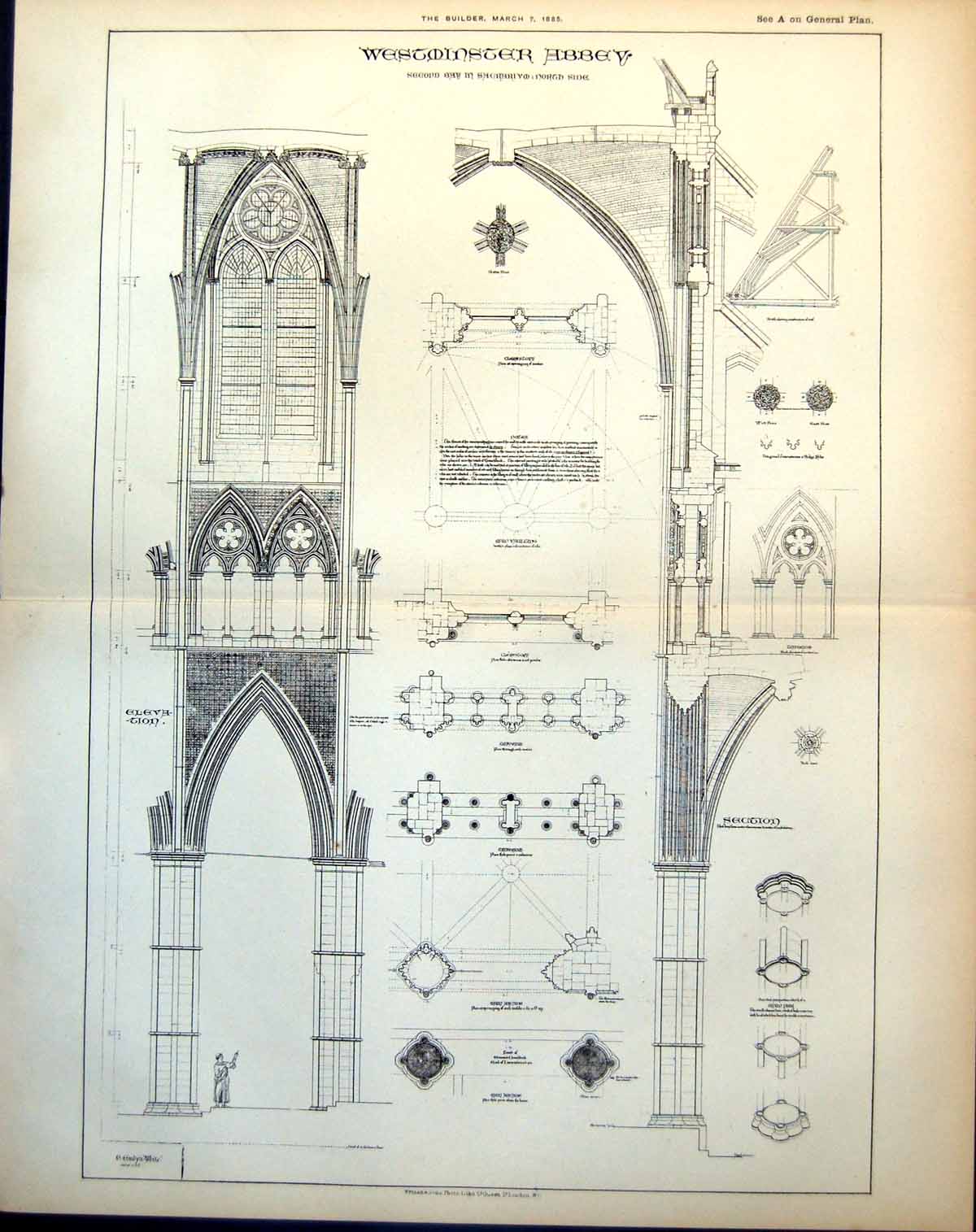 Antique Print Westminster Abbey Second Bay North Side Elevation Plans 1885