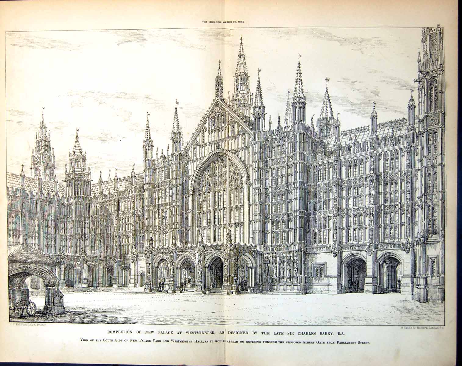 Old Print Completion New Palace Westminster Designed Charles Barry 1885 19th