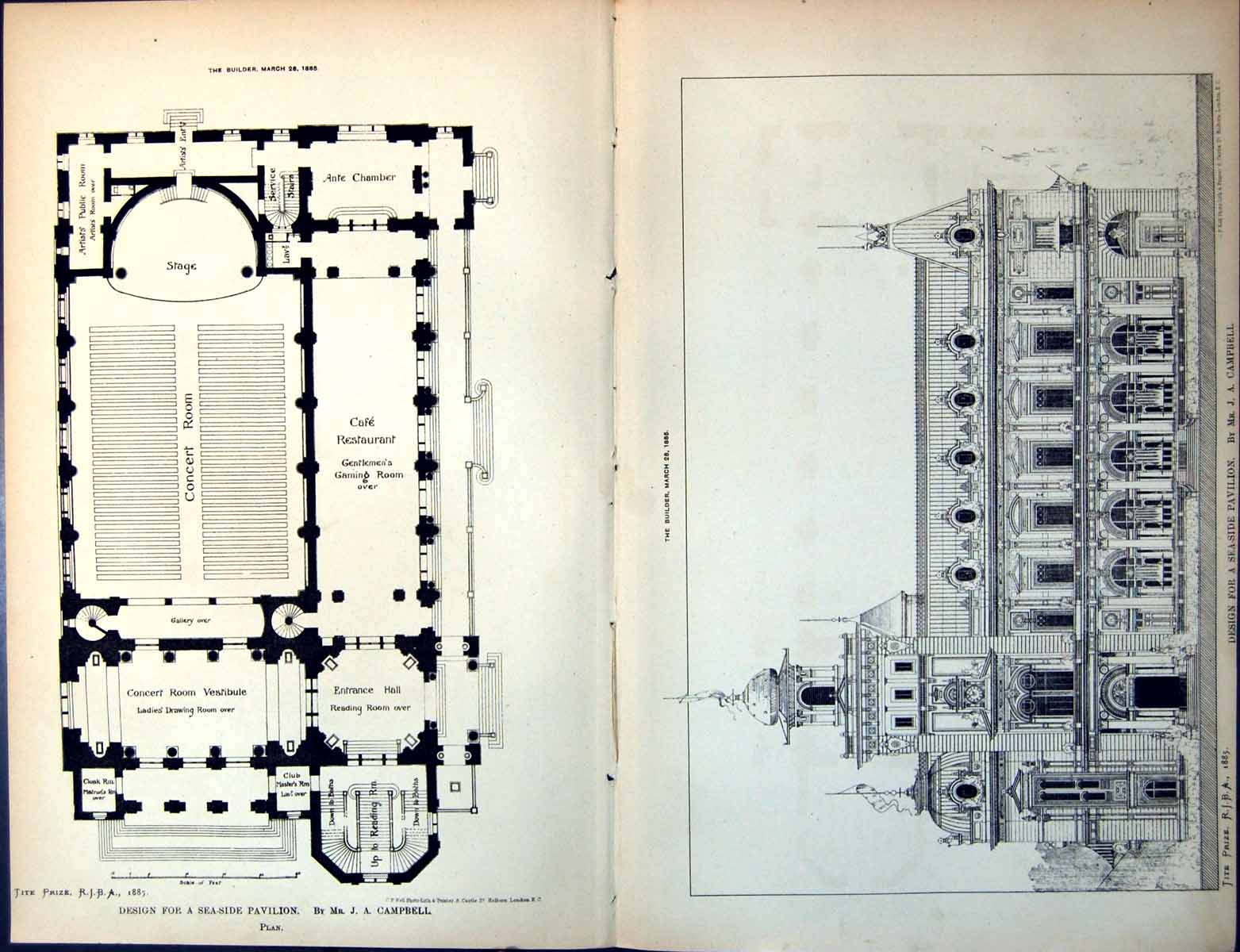 Antique Print Design For Sea-Side Pavilion Ja Campbell Elevation Plan 1885