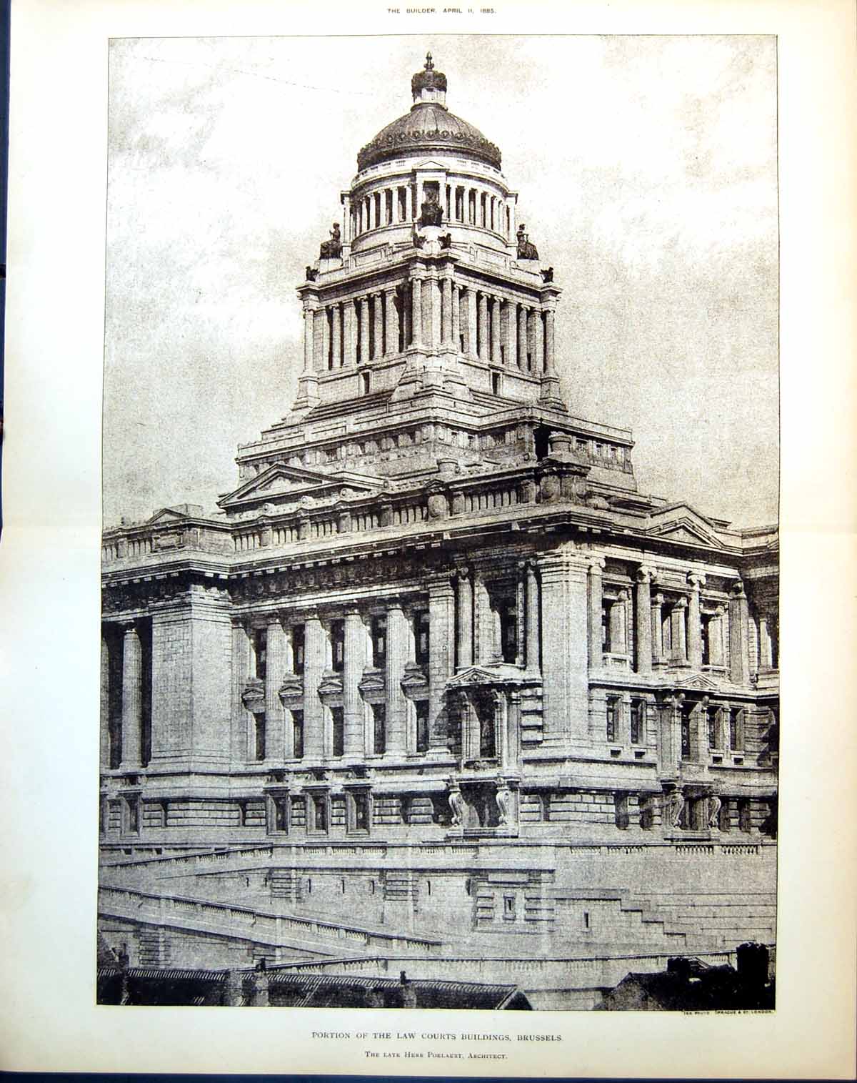Antique Old Print Portion Law Courts Building Brussels Herr Poelaert 1885 19th