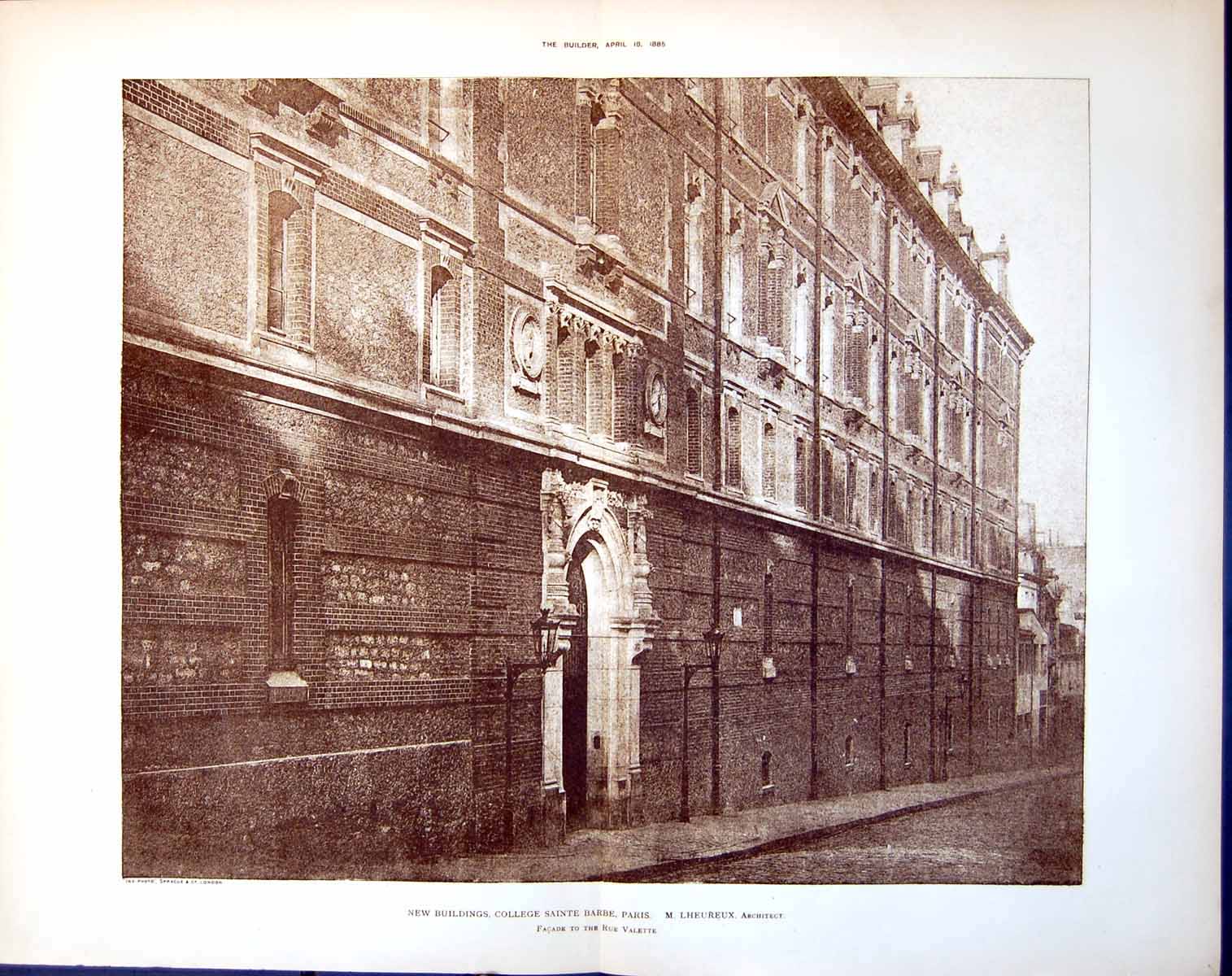 Old Print New Buildings College Sainte Barbe Paris M Lheureux Arch. 1885 19th