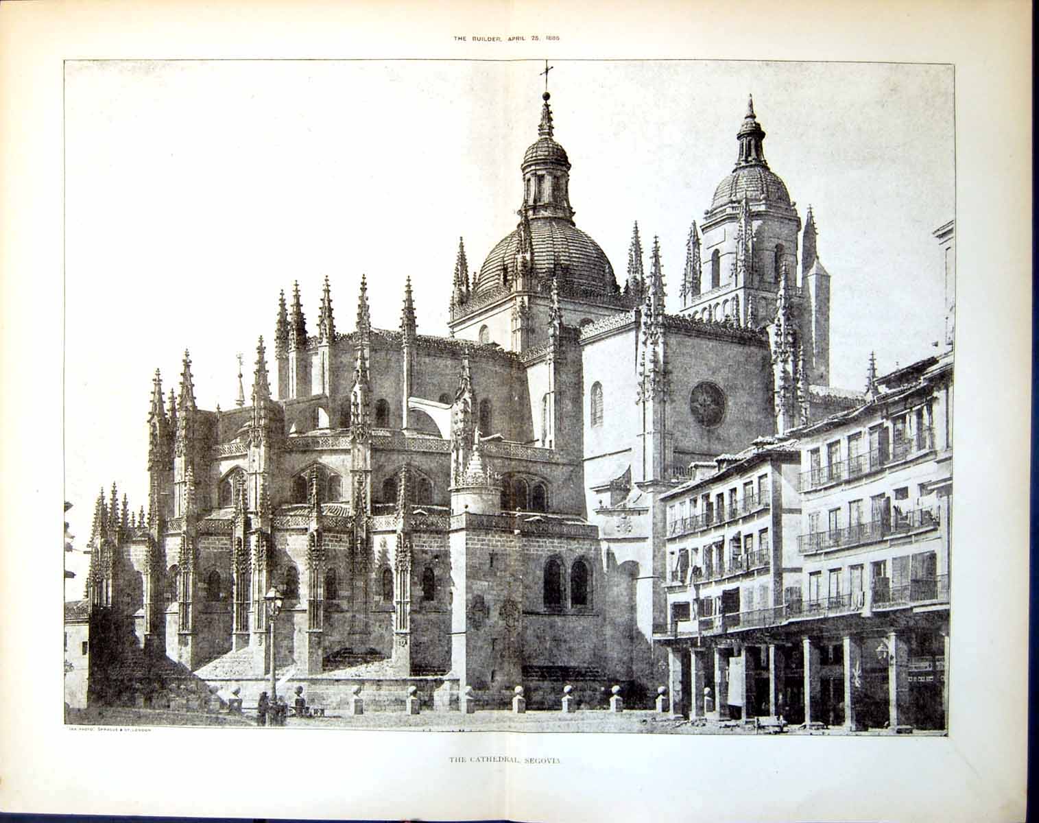 Original Old Antique Print The Cathedral Segovia Elevation 1885 19th
