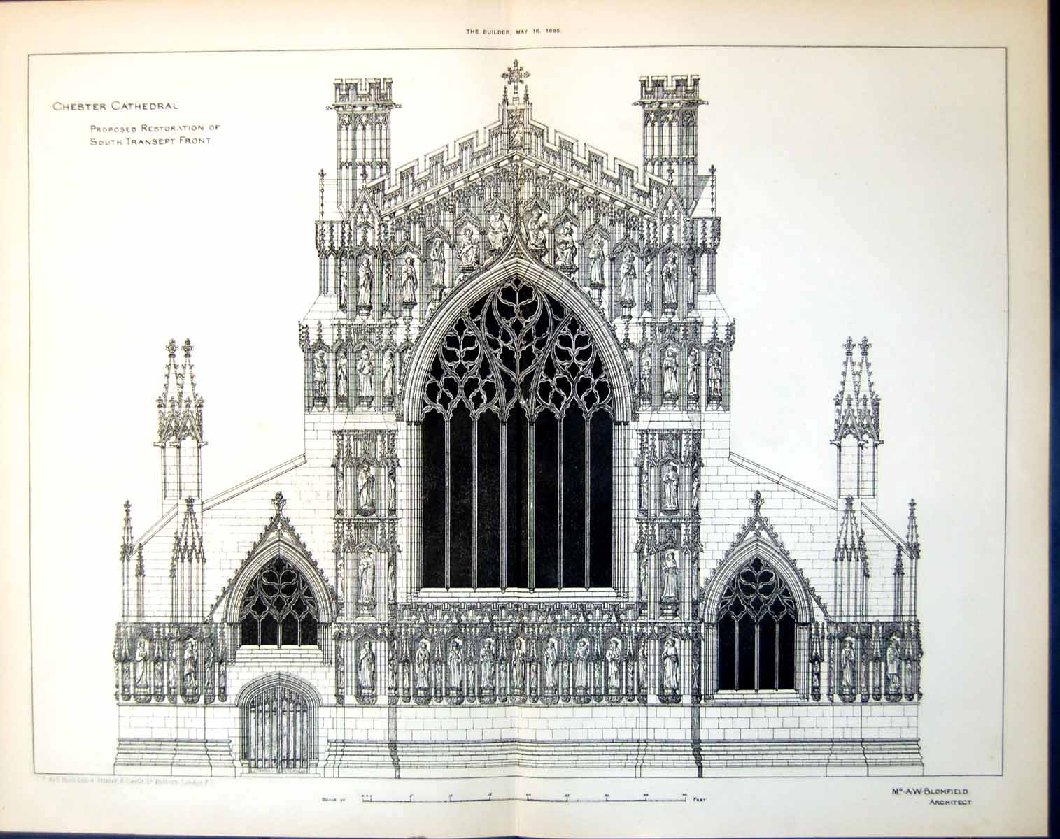 Antique Old Print Chester Cathedral Proposed Restoration South Transept 1885
