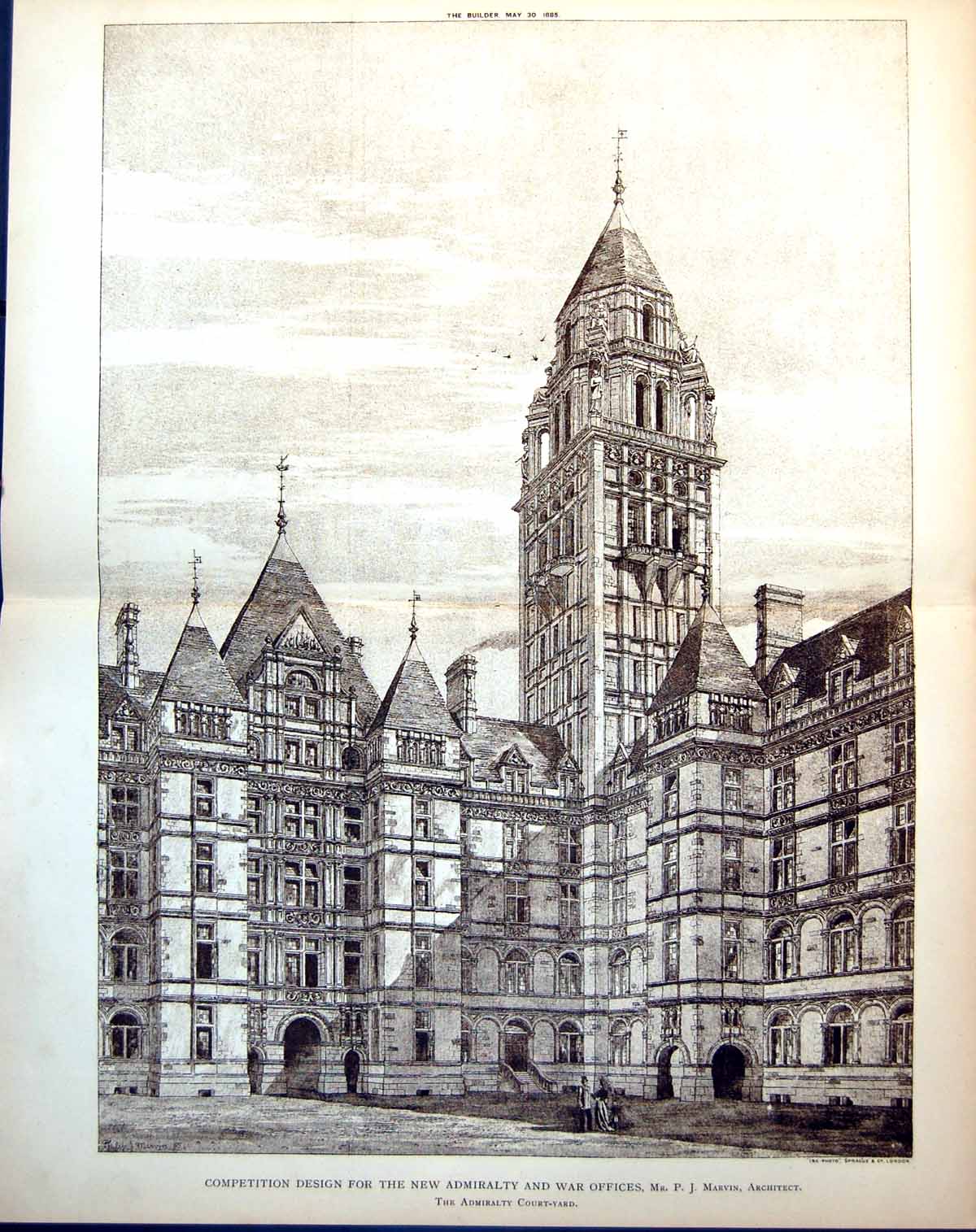Old Competition Design For New Admiralty & War Offices Pj Marvin 1885 19th
