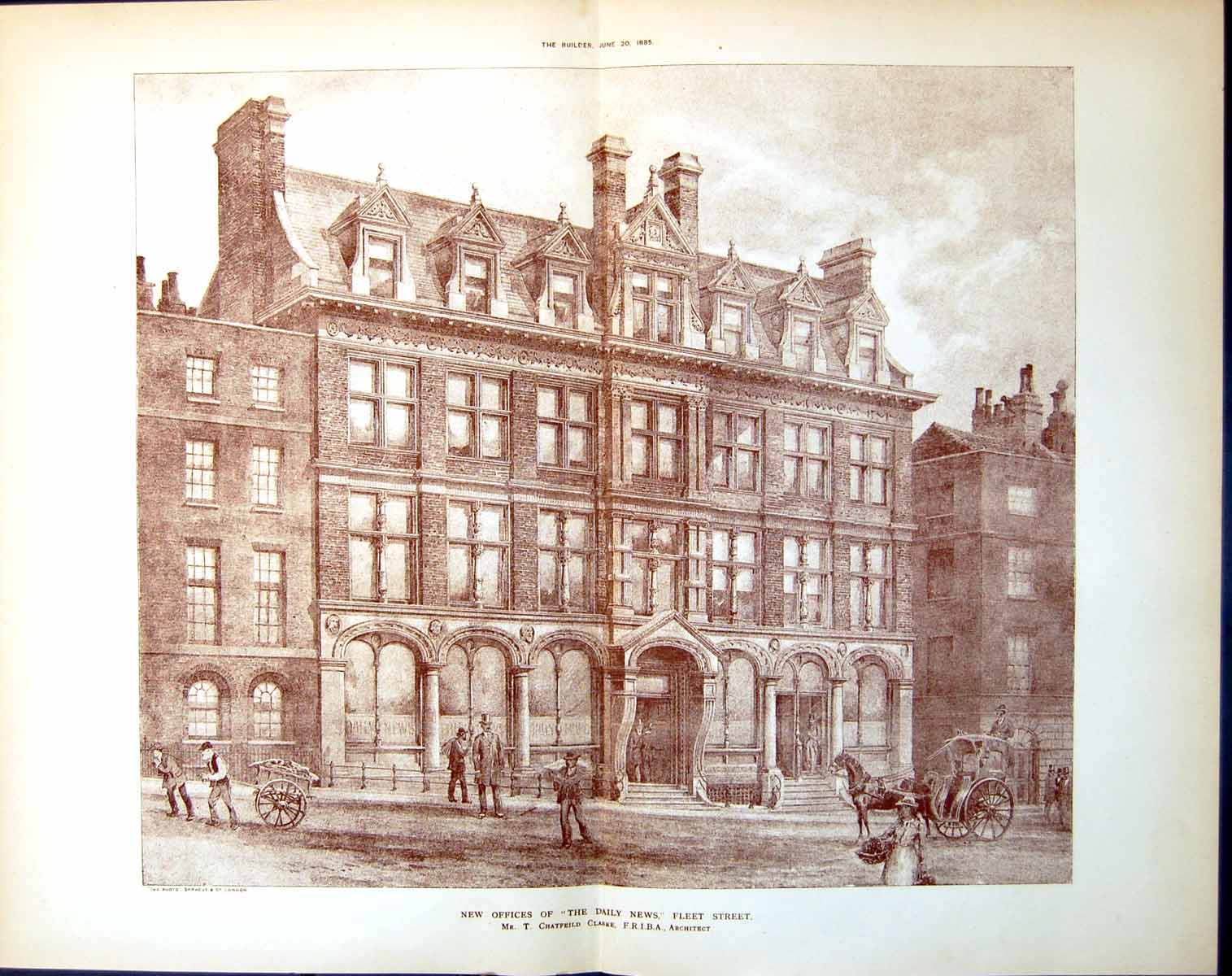 Antique Print New Offies Daily News Fleet Street T C Clarke Architect 1885