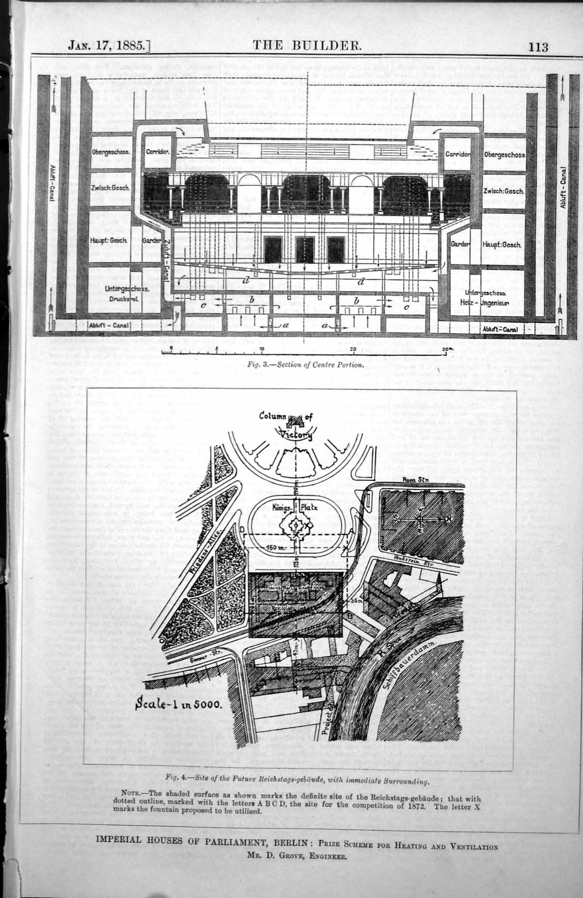 Antique Old Print Imperial Houses Parliament Berlin Section Site Plan 1885 19th