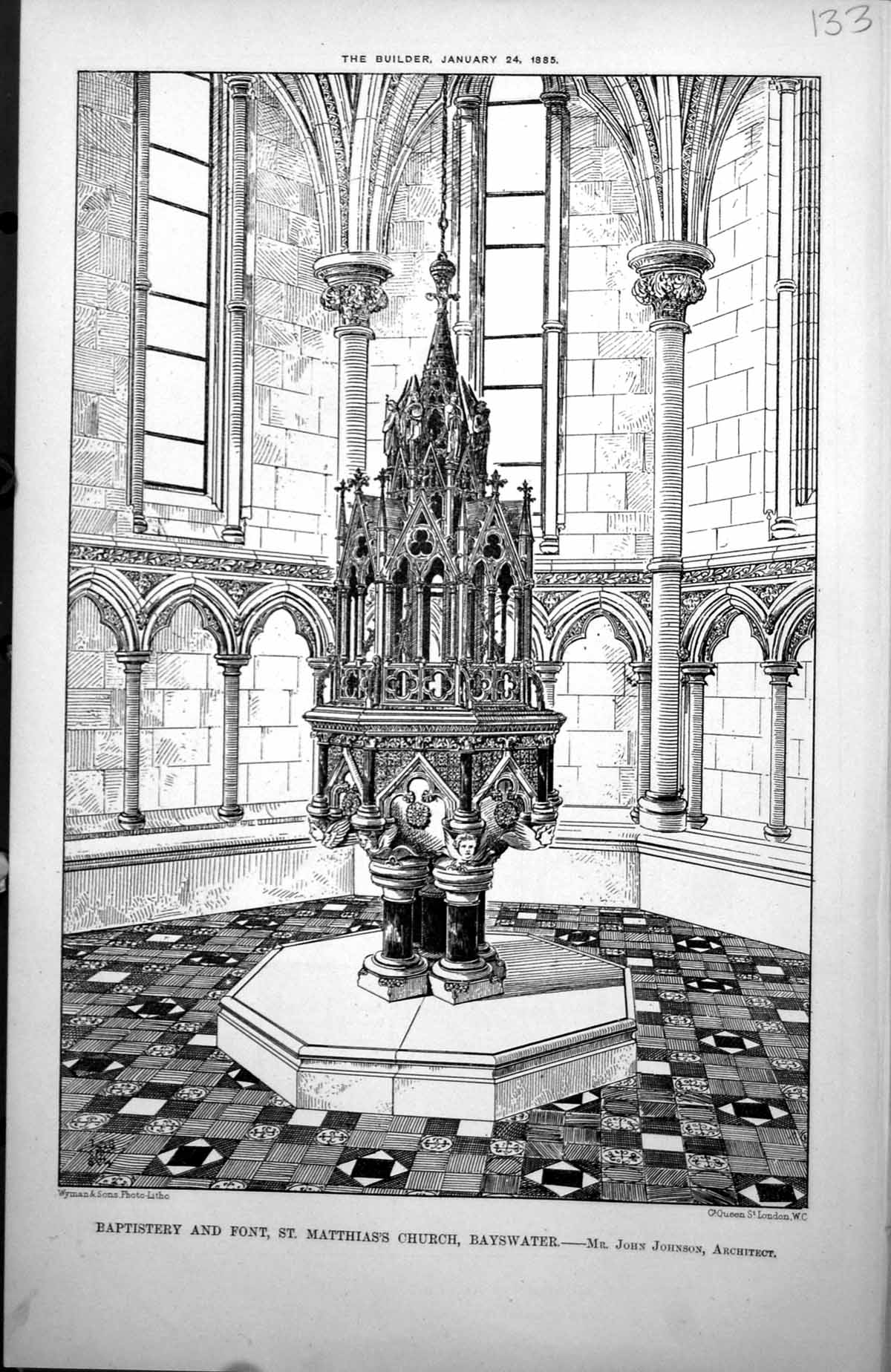 Old Print Baptistery Font St. Matthias'S Church Bayswater J Johnson 1885 19th