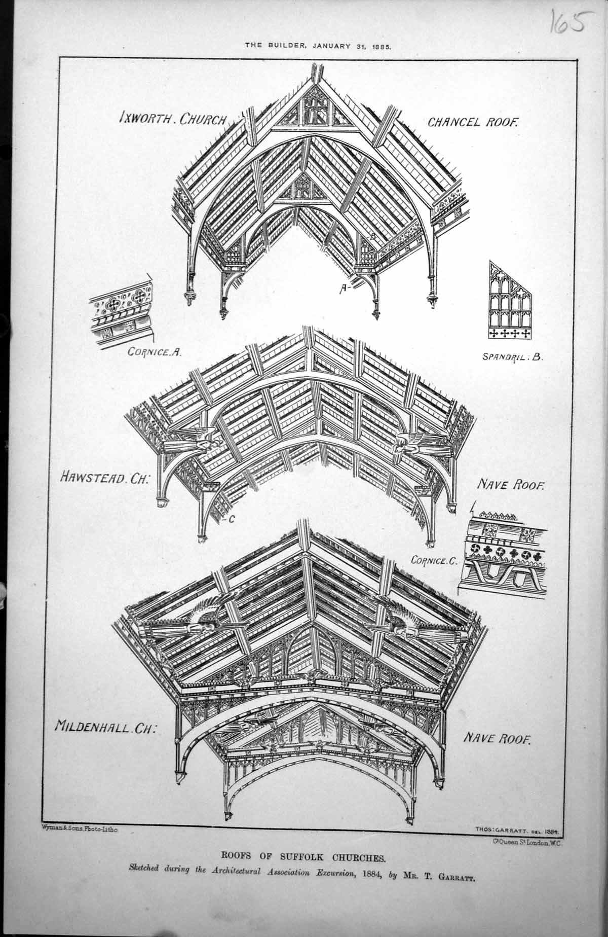 Old Antique Print Roofs Suffolk Churches Ixworth Hawstead Mildenhall 1885 19th