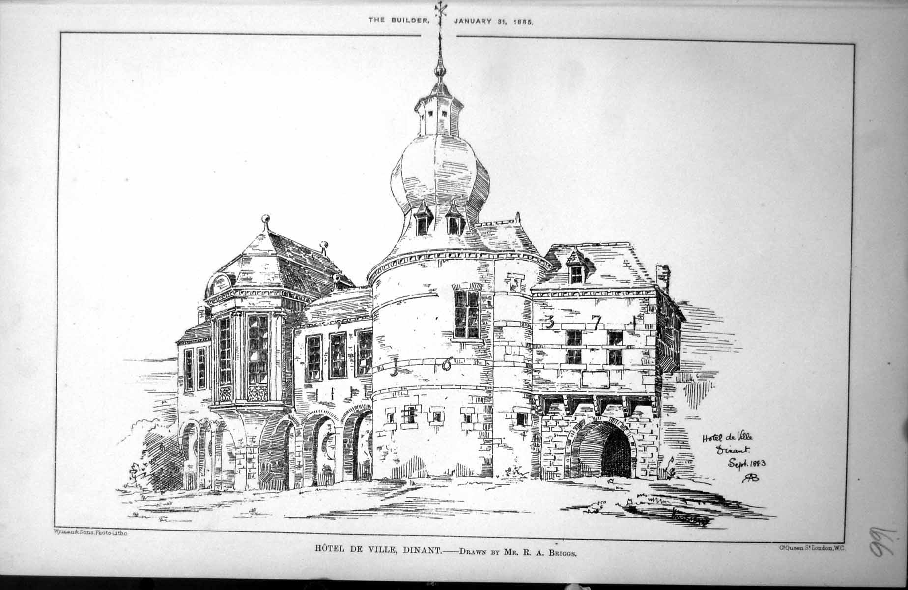 Old Hotel De Ville Dinant Drawn R A Briggs Exterior Round Tower 1885 Victorian