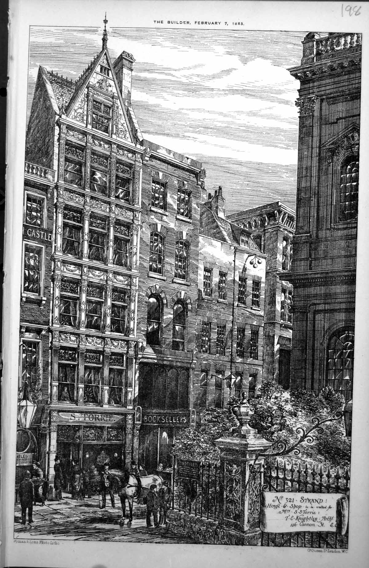 Antique Old Print No. 321 Strand House Shop To Be Erected Mrs S S Torrie 1885