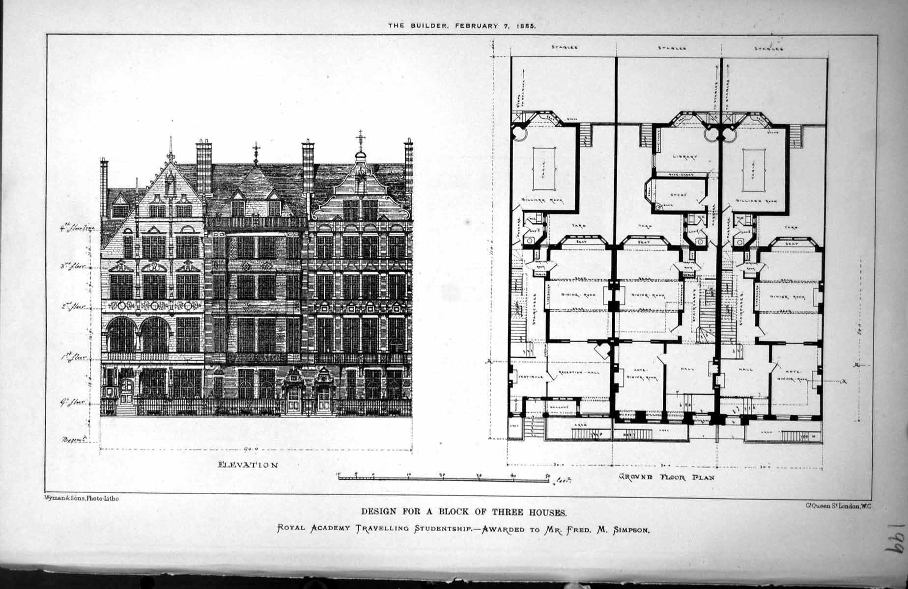 Old Print Design For Block Three Houses Elevation Ground Floor Plan 1885 19th