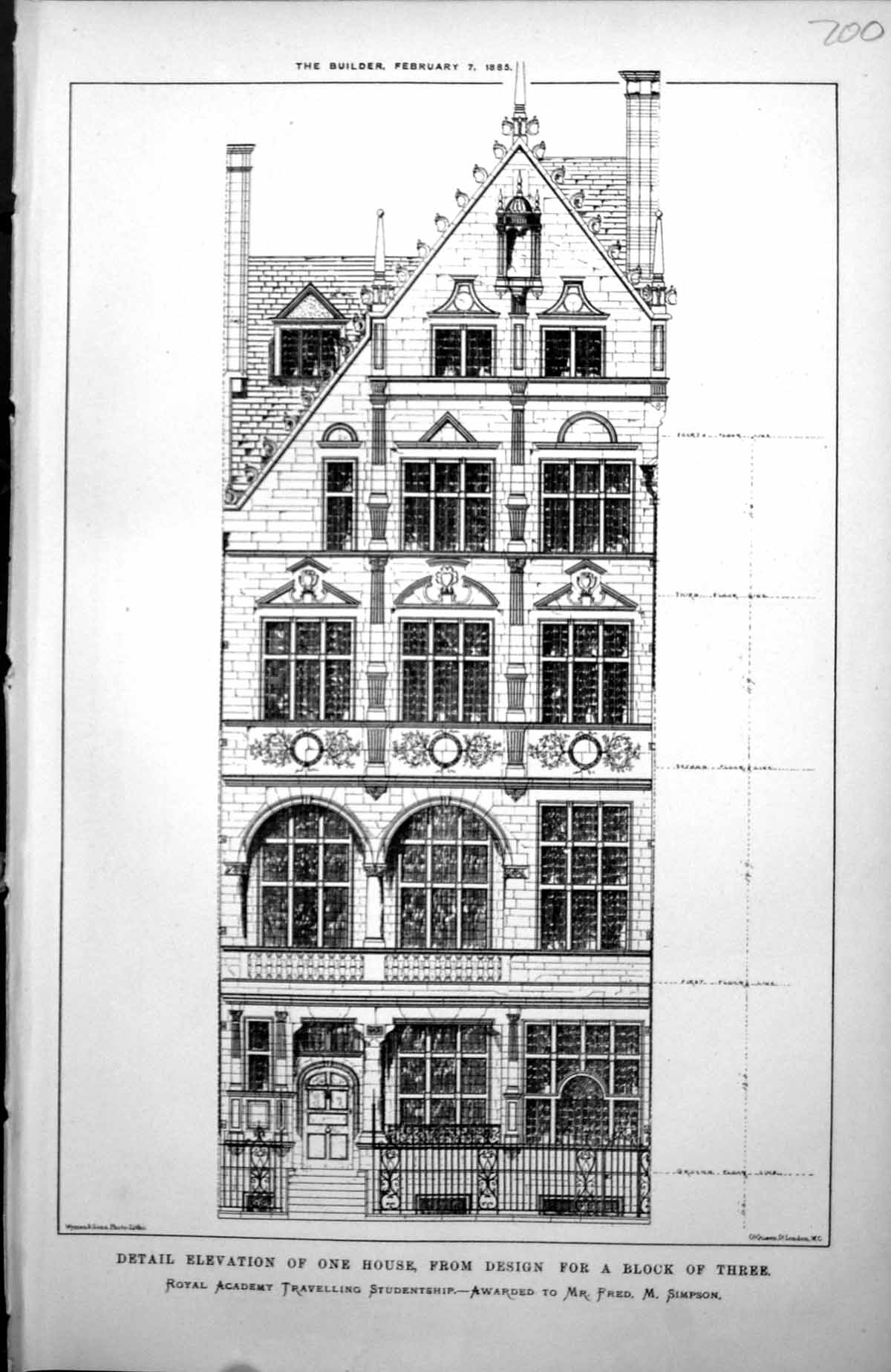 Old Antique Print Detail Elevation One House From Design Block Three 1885 19th