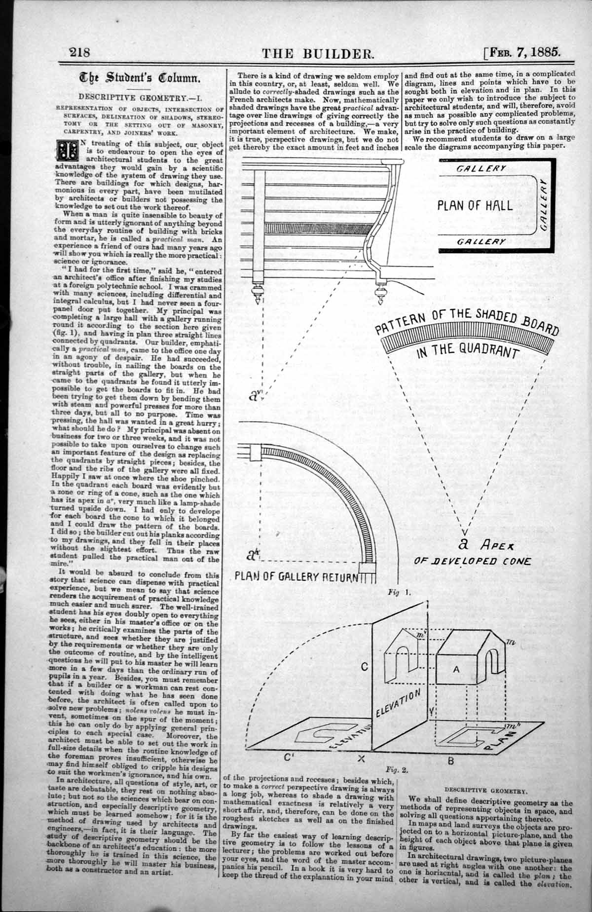 Antique Old Print Descriptive Geometry Relating To Gallery Quadrant Plan 1885