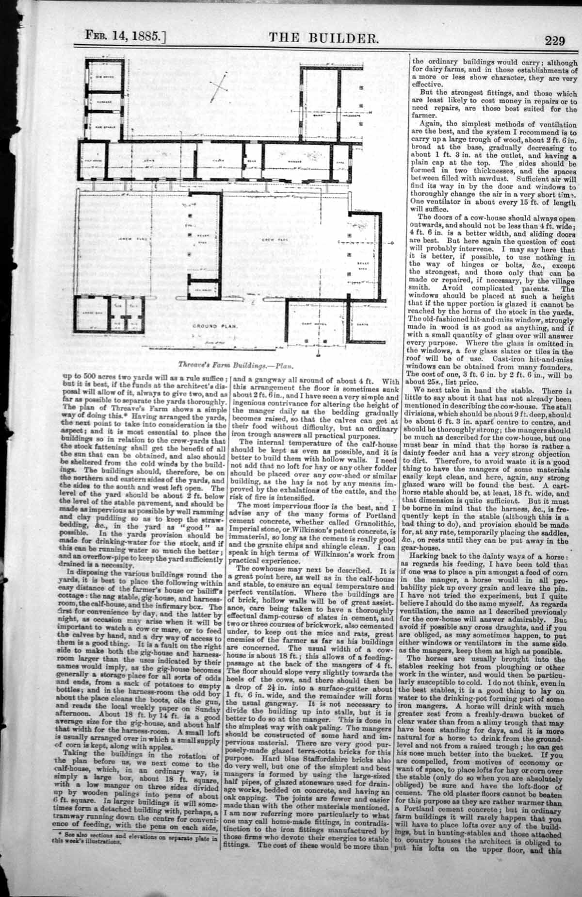 Antique Old Print Threave'S Farm Buildings Plan Yards Sheds Cows Horses 1885
