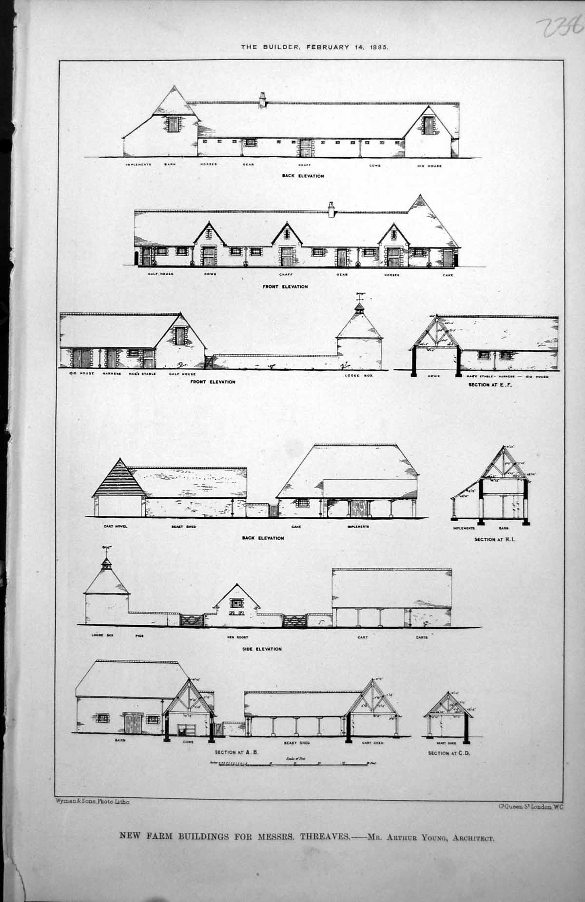 Old Print New Farm Buildings Messrs Threaves Arthur Young Architect 1885 19th