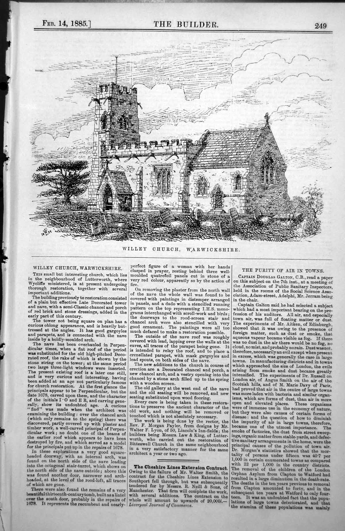 Old Antique Print Willey Church Warwickshire Perspective View Tower 1885 19th