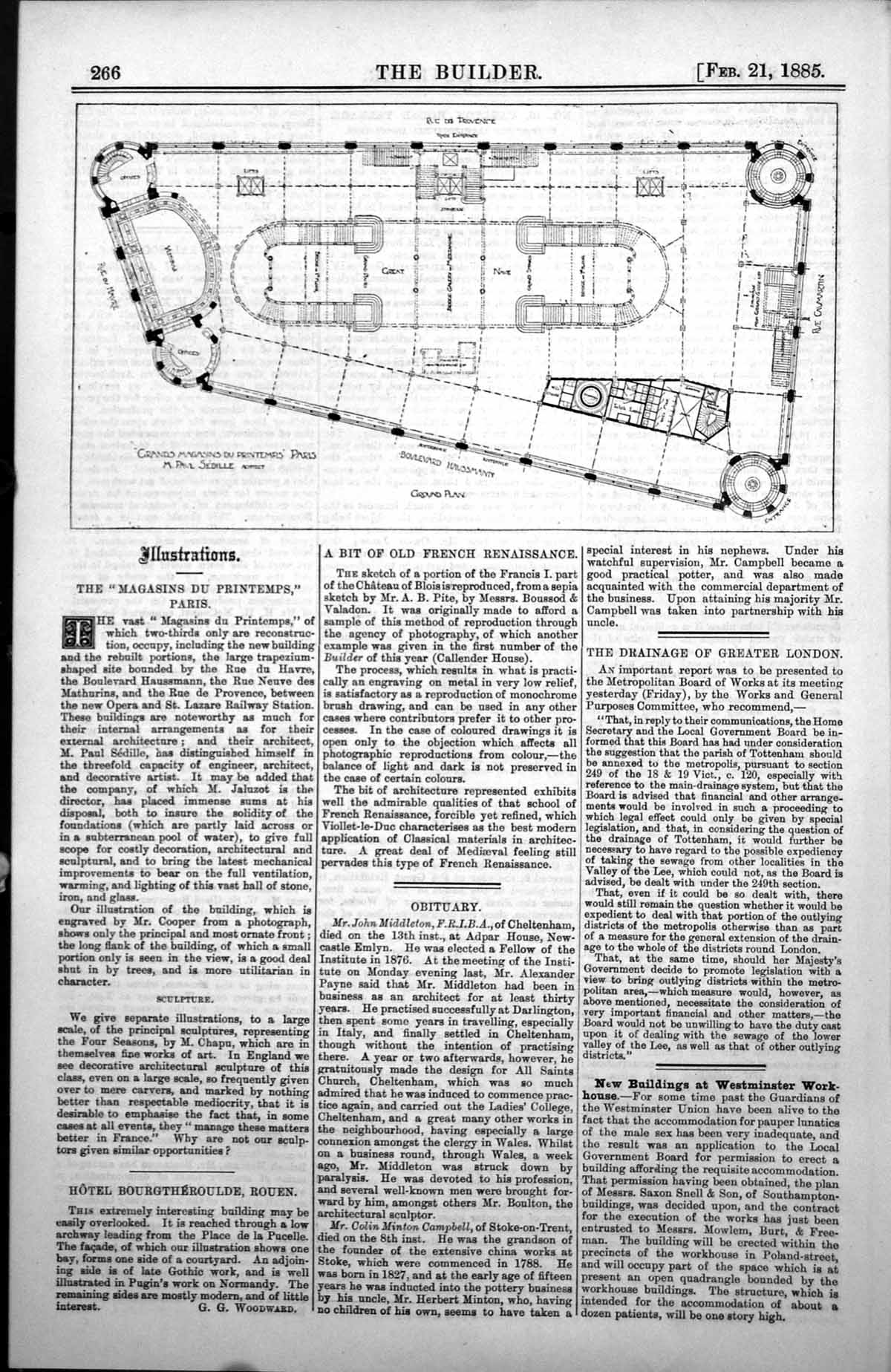 Antique Old Print Grands Magasins Du emps Paris M Paul Sedille Architect 1885