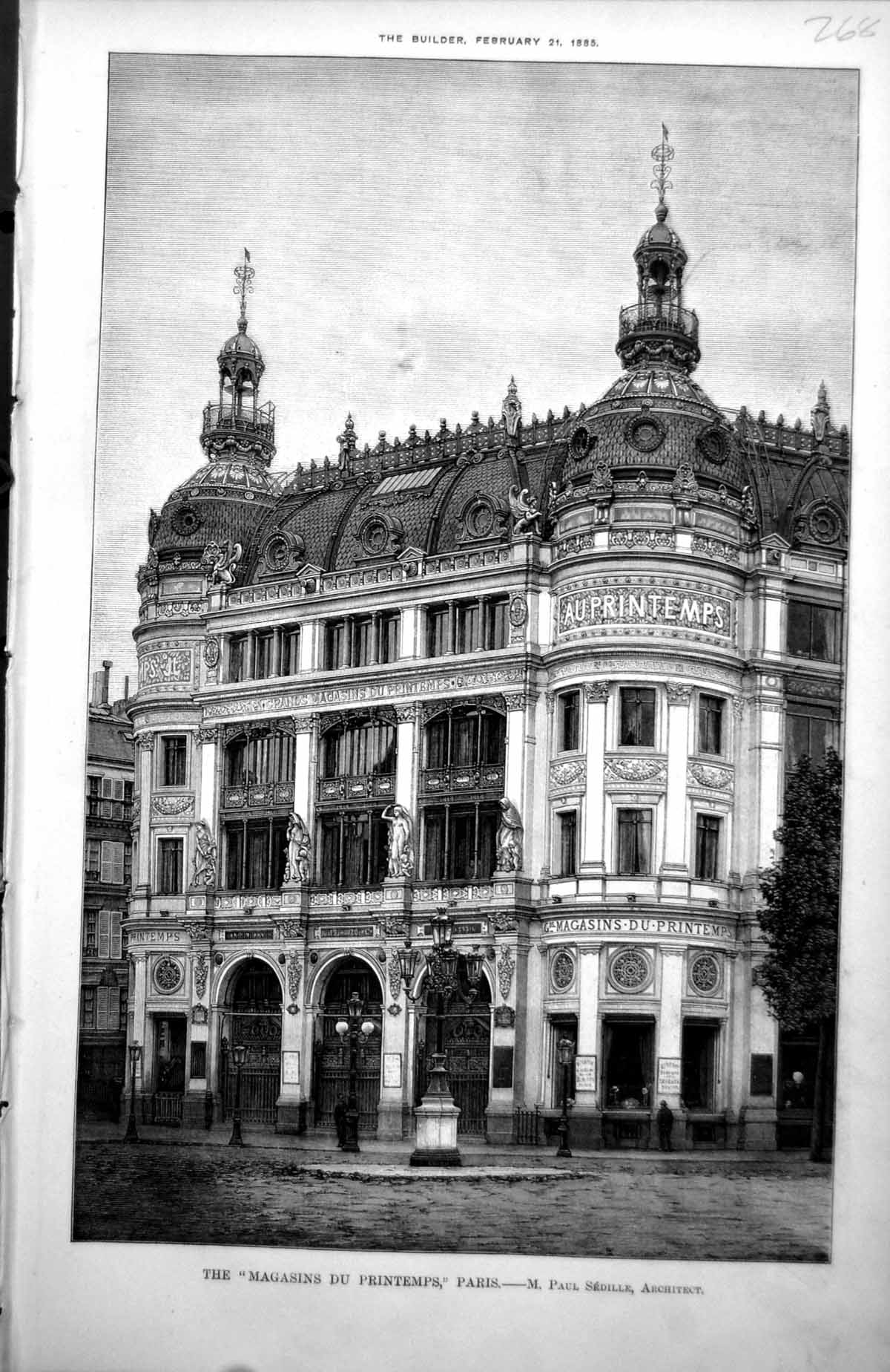 Original Old Antique Print Magasins Du emps Paris M Paul Sedille Architect 1885