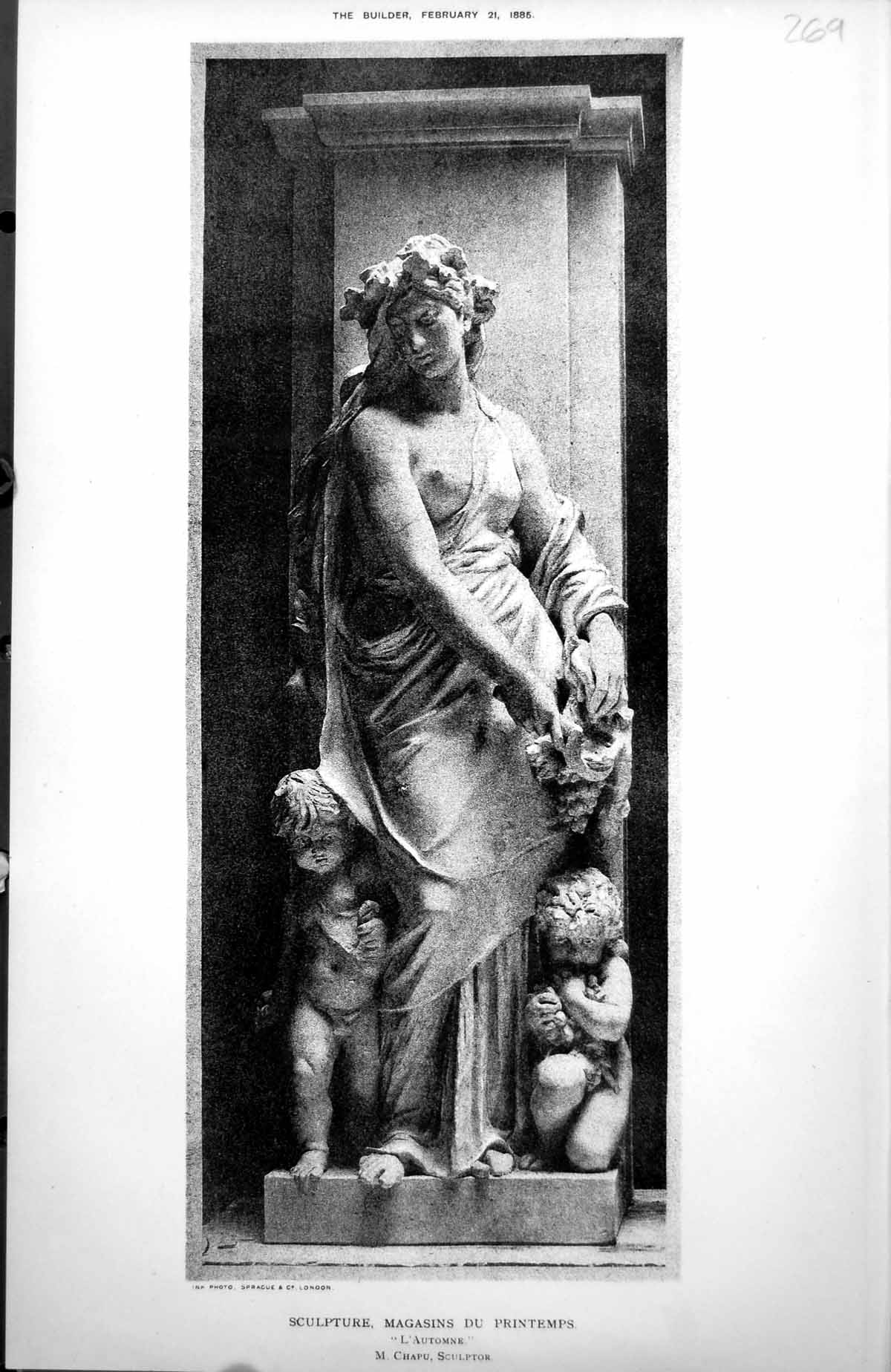 Original Old Antique Print Sculpture Magasins Du emps Paris M Chapu Autumn 1885