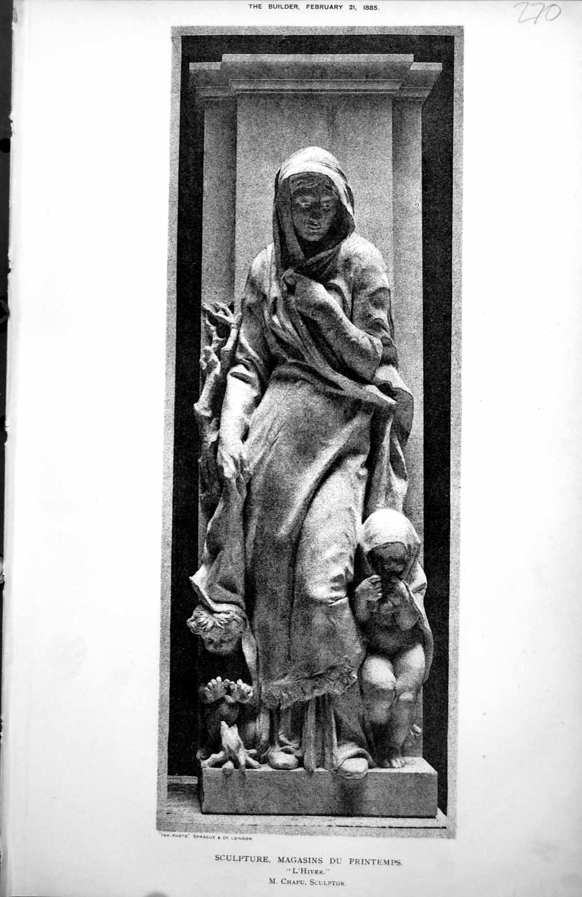 Original Old Antique Print Sculpture Magasins Du emps Paris M Chapu Winter 1885