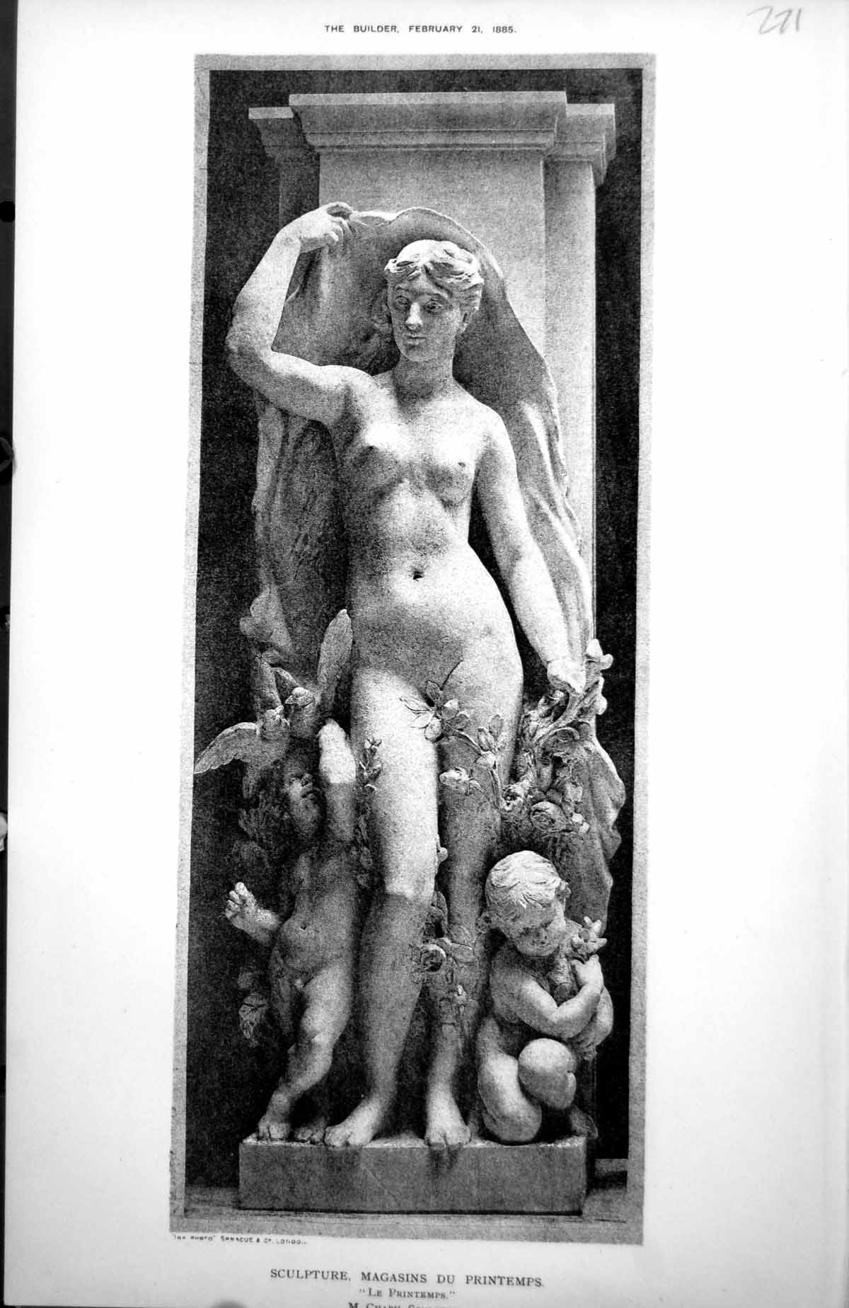 Original Old Antique Print Sculpture Magasins Du emps Paris M Chapu Spring 1885