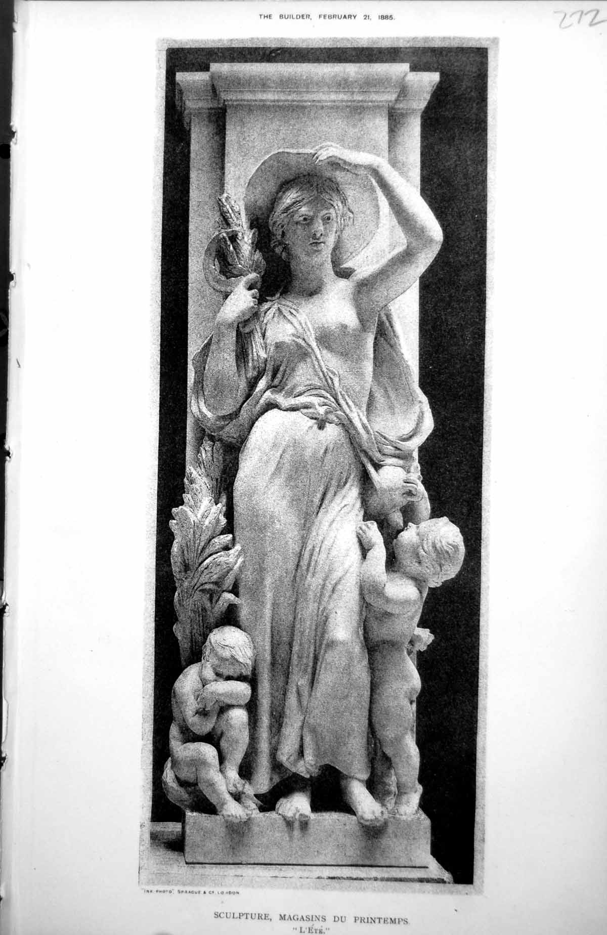 Original Old Antique Print Sculpture Magasins Du emps Paris M Chapu Summer 1885