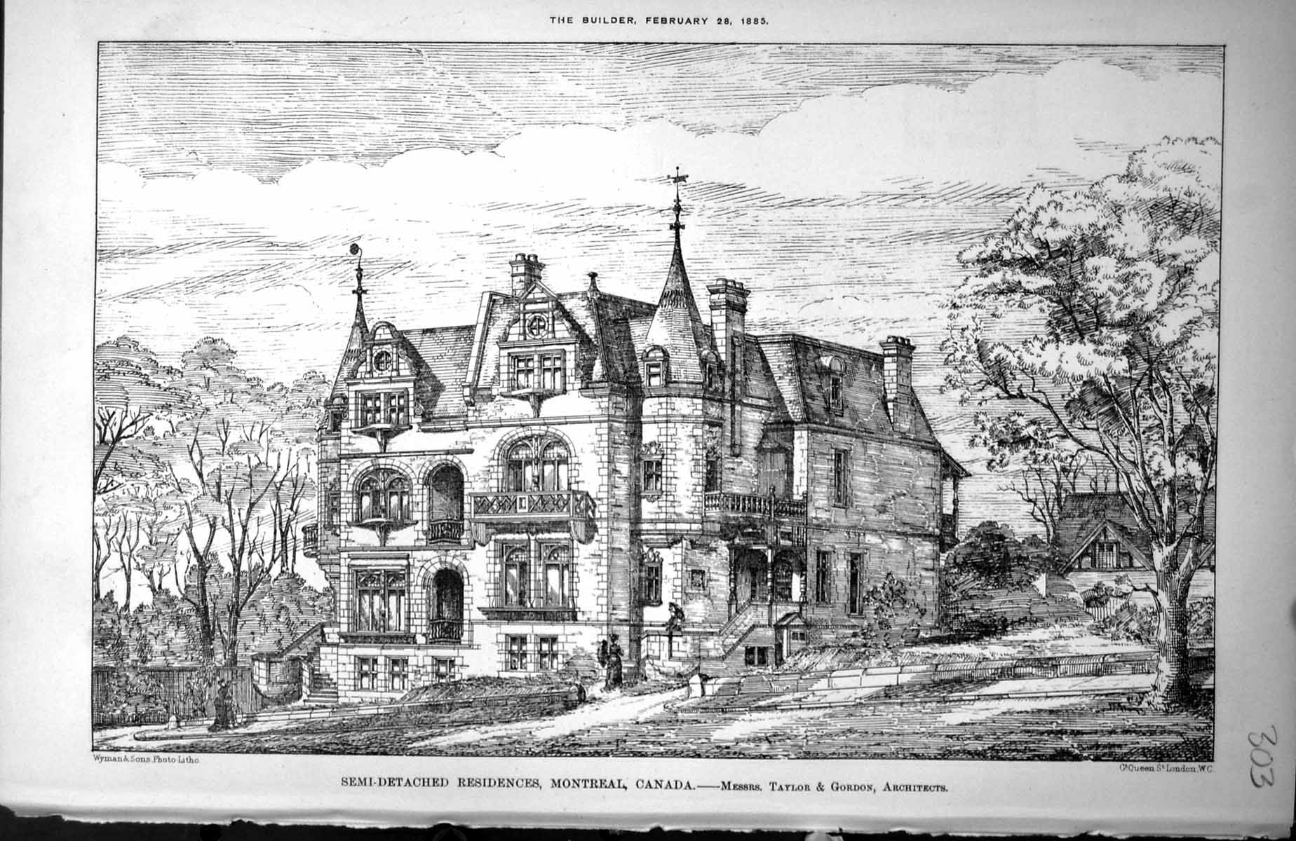 Antique Print Semi-Detached Residences Montreal Canada Taylor & Gordon 1885