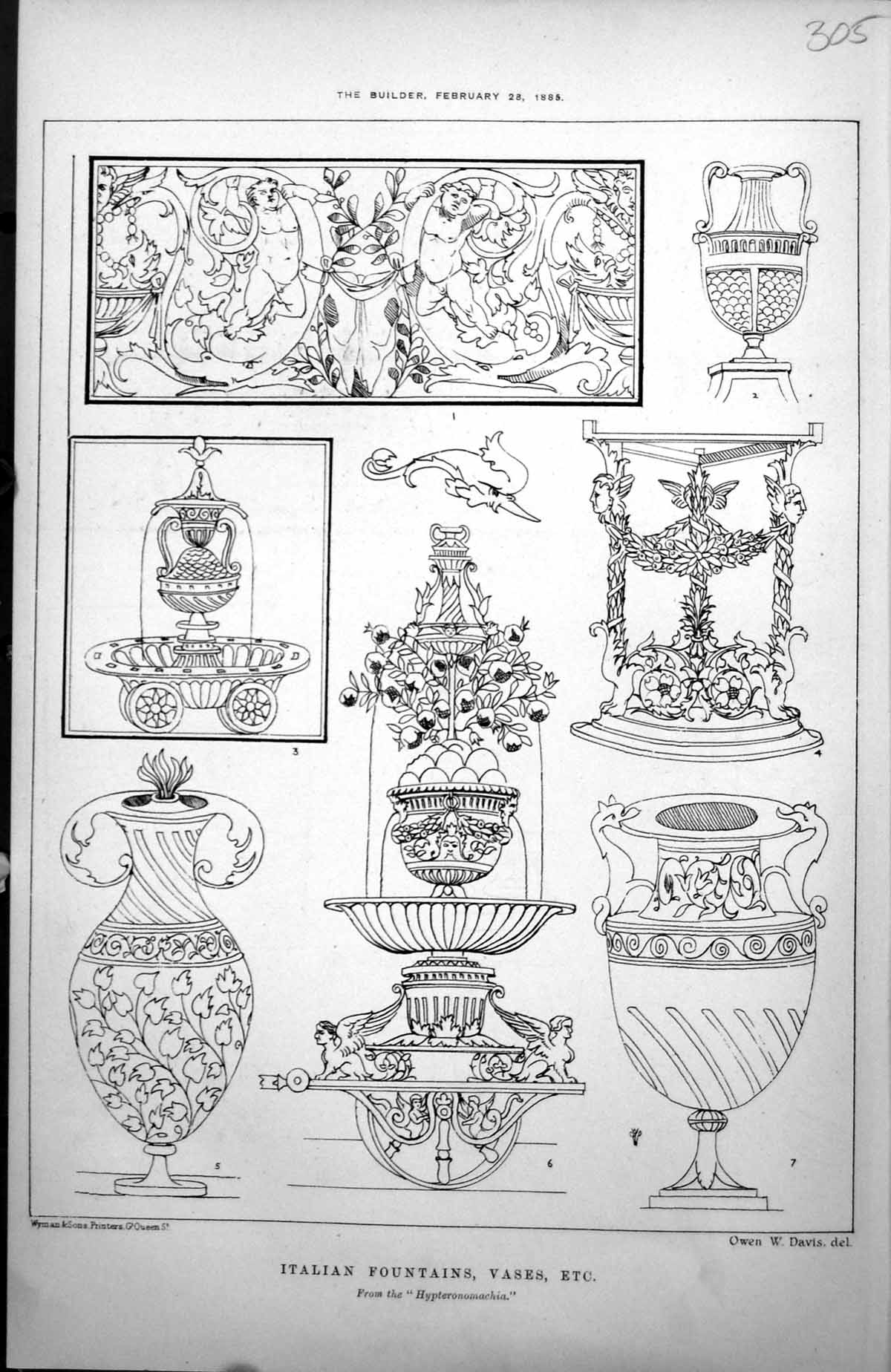 Antique Print Italian Fountains Vases Etc From Hypteronomachia Details 1885