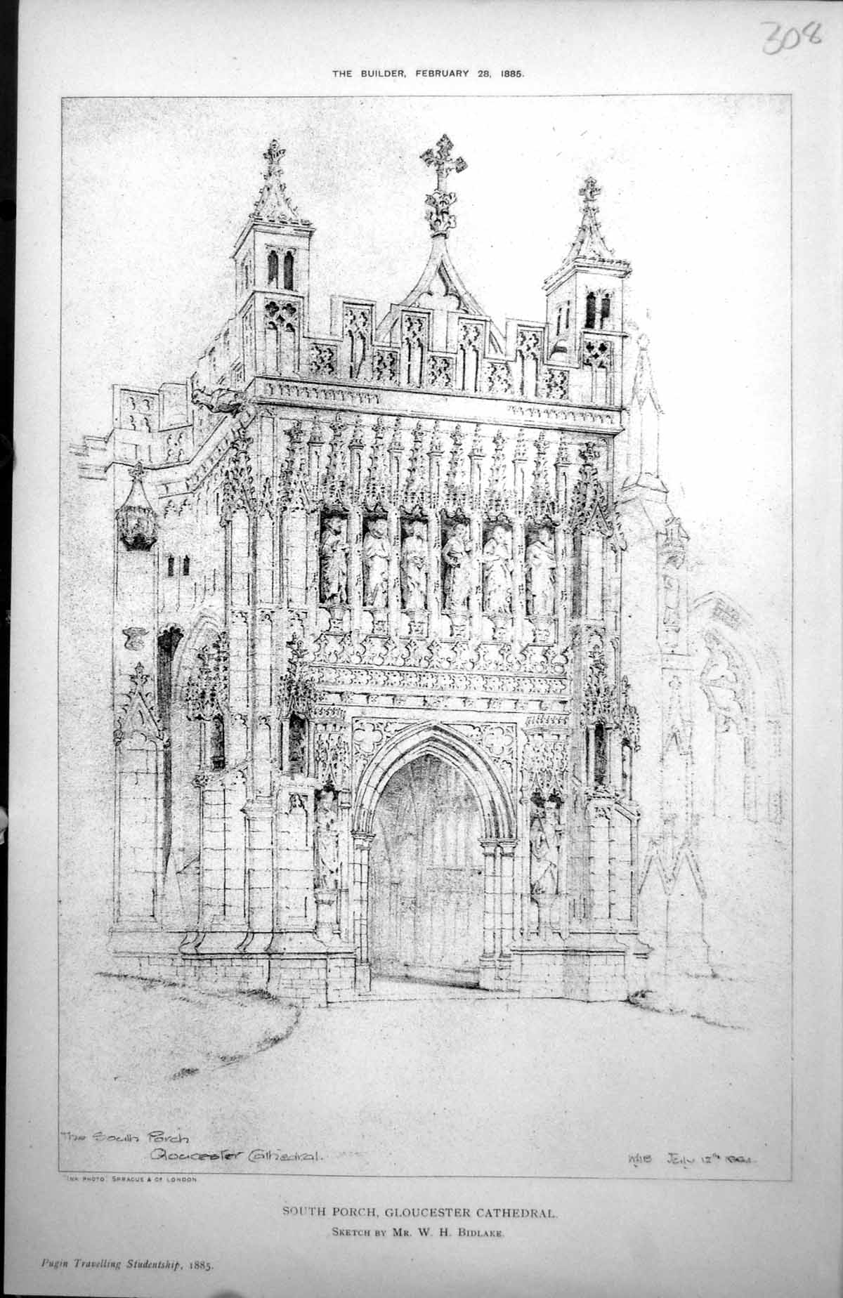 Antique Old Print South Porch Gloucester Cathedral Sketch Mr W H Bidlake 1885