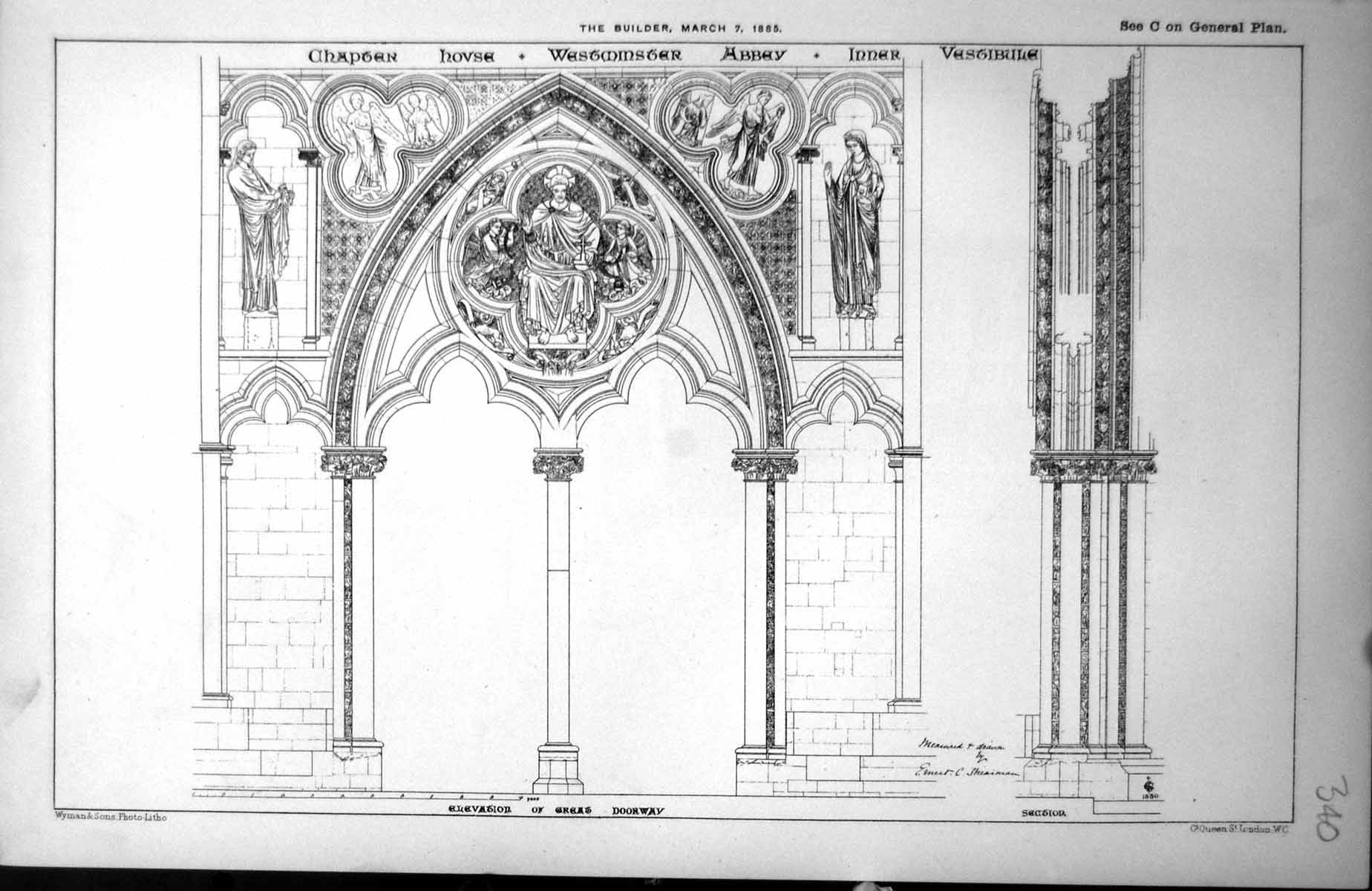 Old Print Westminster Abbey Chapter House Inner Vestibule Elevation 1885 19th