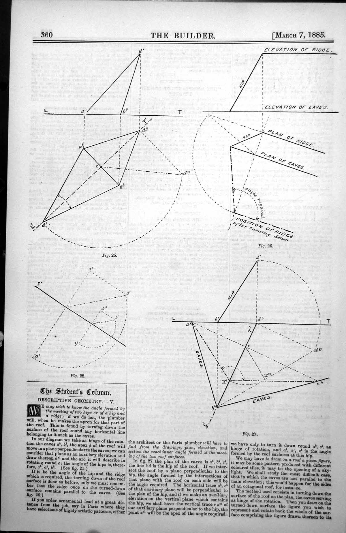 Old Antique Print Student Diagrams Descriptive Geometry Eaves Ridges 1885 19th