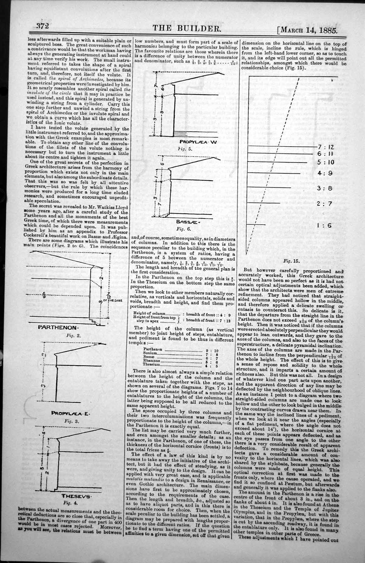 Antique Old Print Comparison Column Heights Parthenon Propylaea Theseus 1885