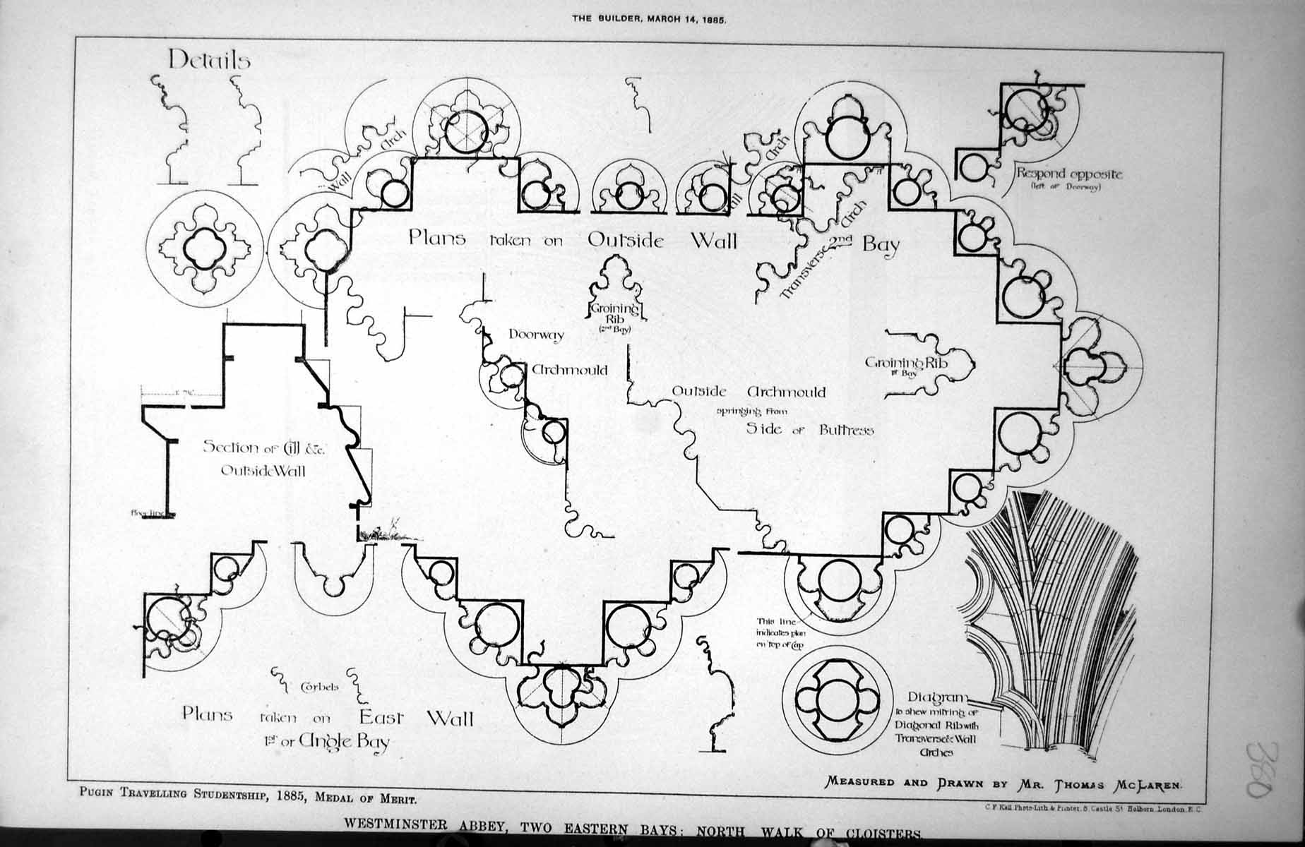 Antique Old Print Westminster Abbey North Walk Cloisters Plans External 1885