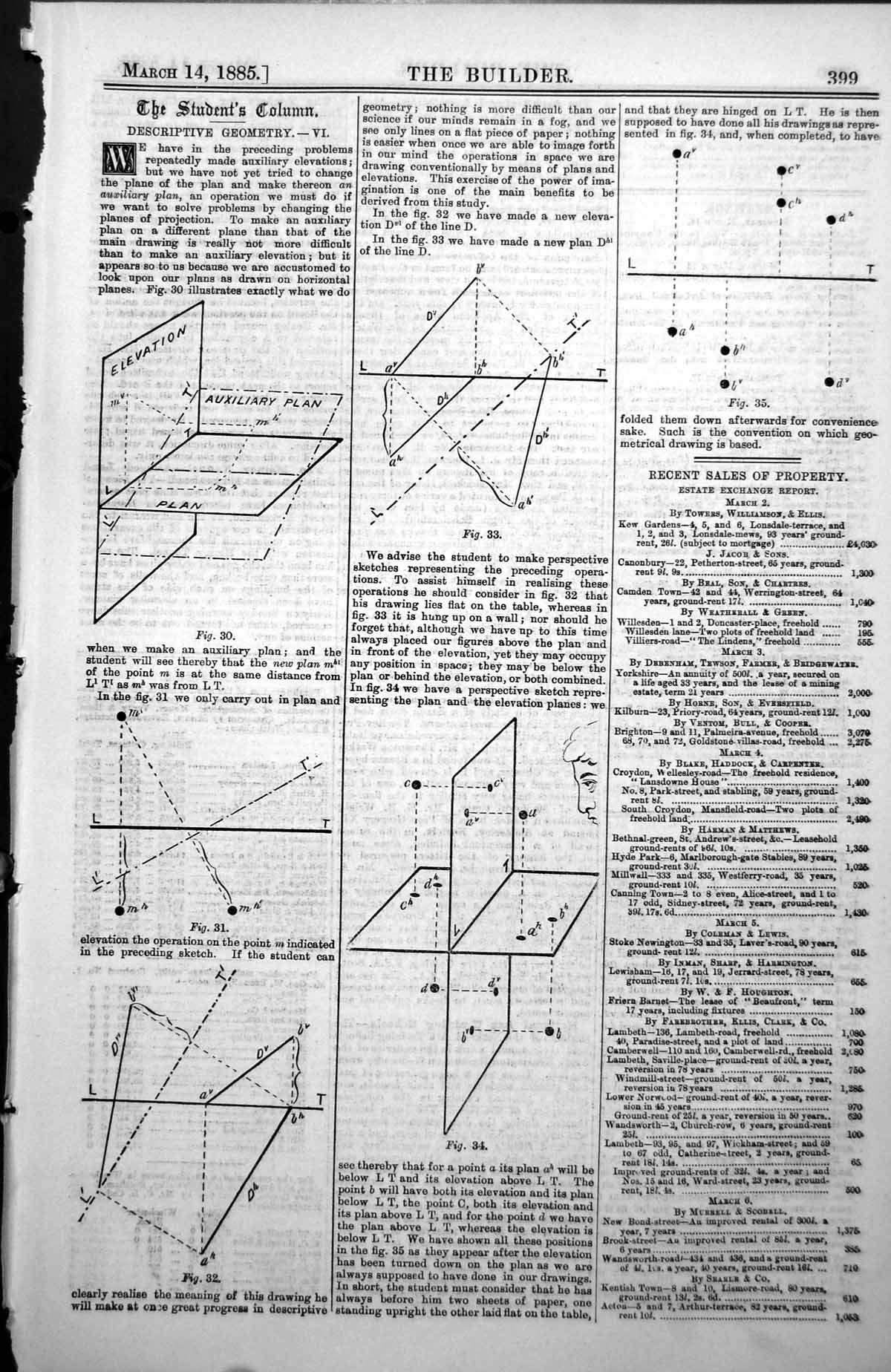 Old Print Descriptive Geometry Relating To Elevation Auxiliary Plan 1885 19th