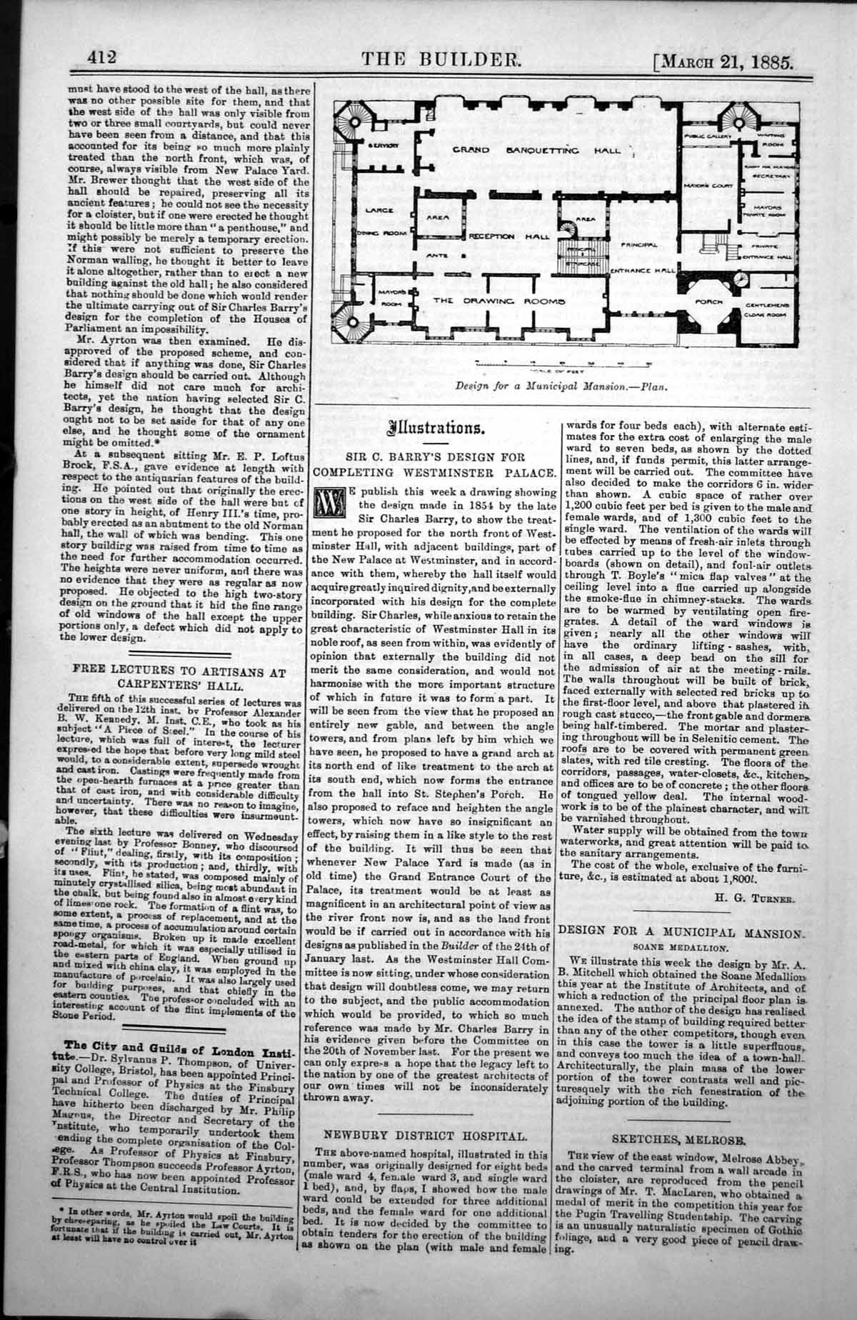 Old Antique Print Design For Municipal Mansion Plan Mr Ab Mitchell 1885 19th