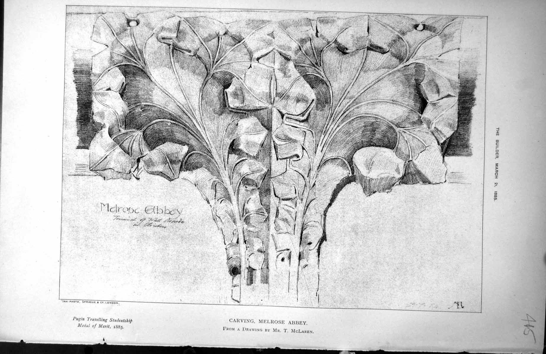 Original Old Antique Print Carving Melrose Abbey From Drawing Mr T Mclaren 1885