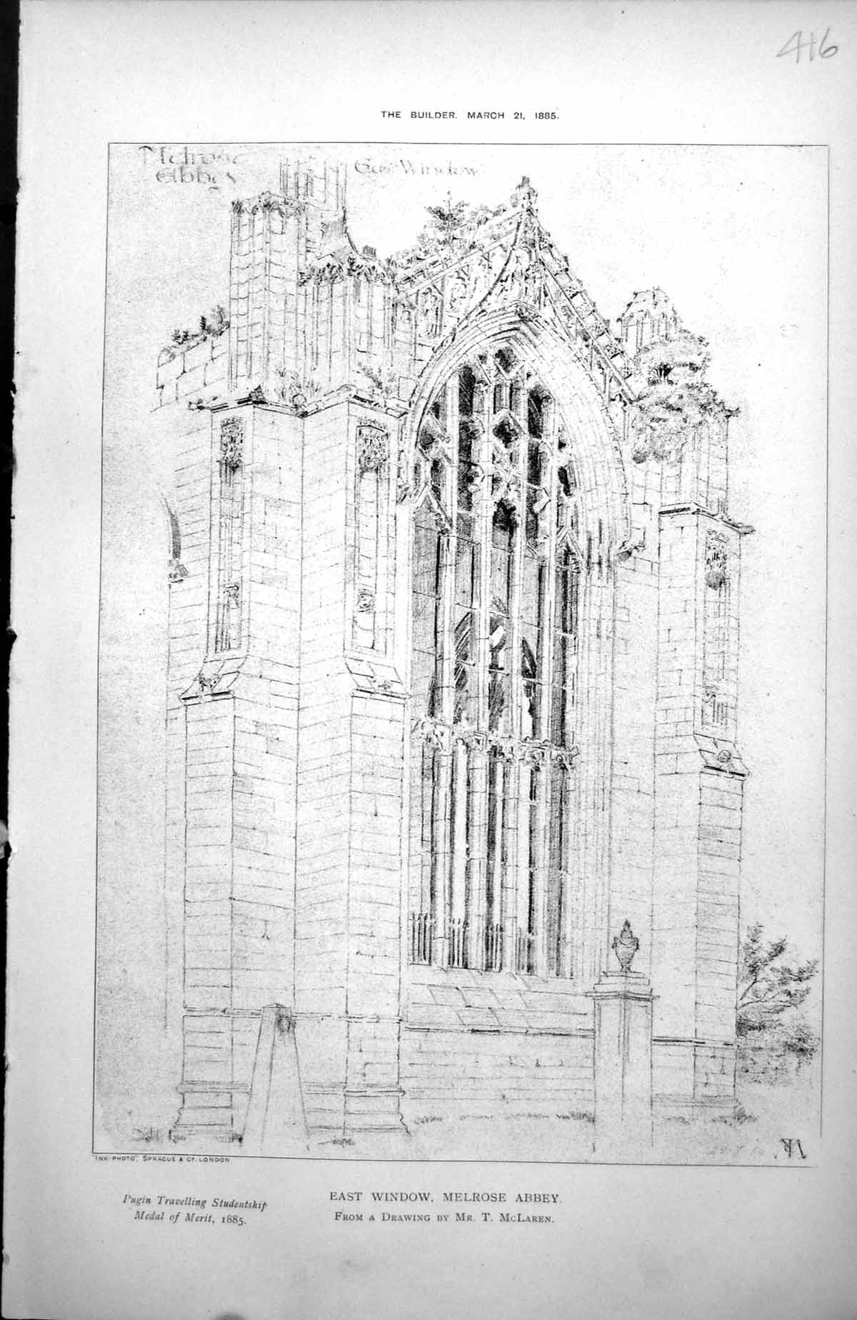 Antique Old Print East Window Melrose Abbey From Drawing Mr T Mclaren 1885 19th